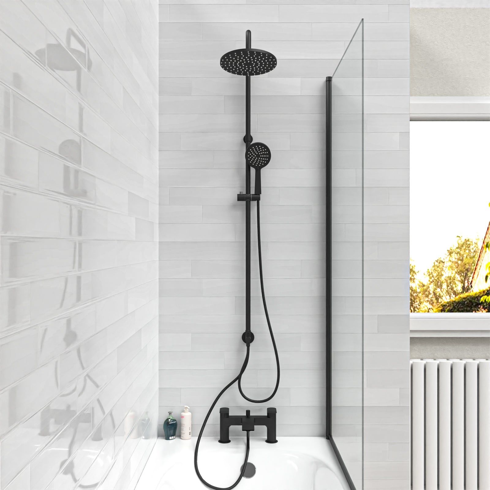 Stamford Round Shower & Vago Bath Mixer Tap, Handset & Riser Rail Kit Matte Black