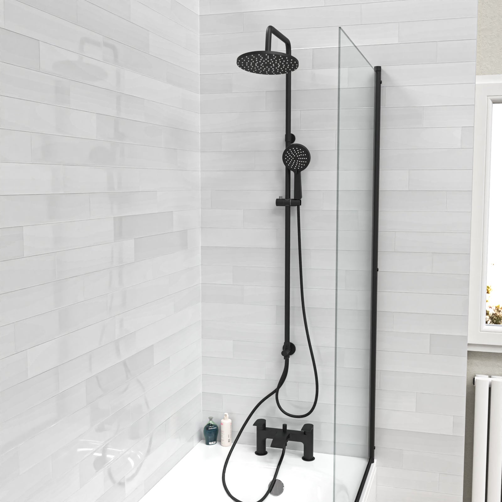 Stamford Round Shower & Vago Bath Mixer Tap, Handset & Riser Rail Kit Matte Black