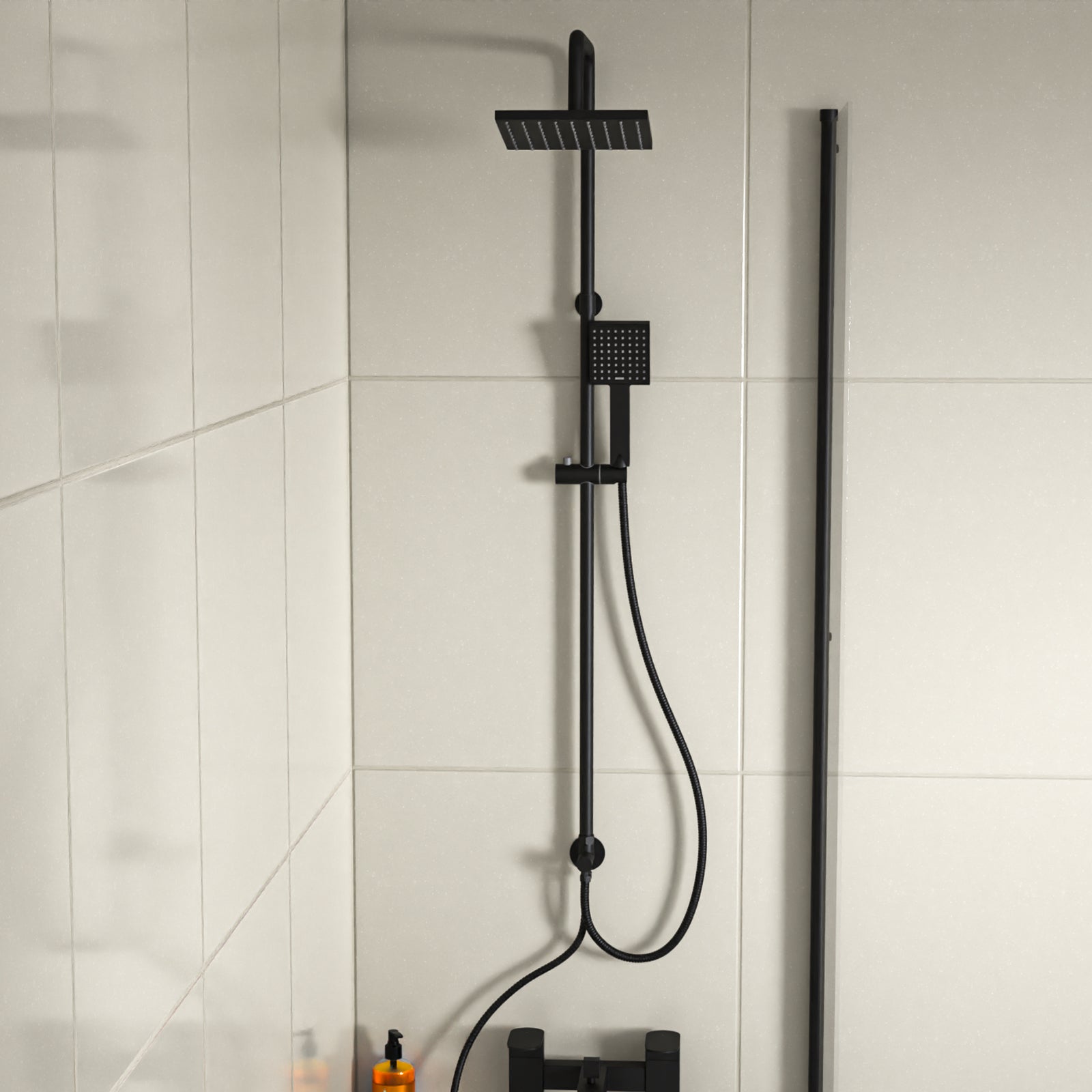 Kinver Modern Exposed Square Shower Mixer Handset & Riser Rail Kit Matte Black