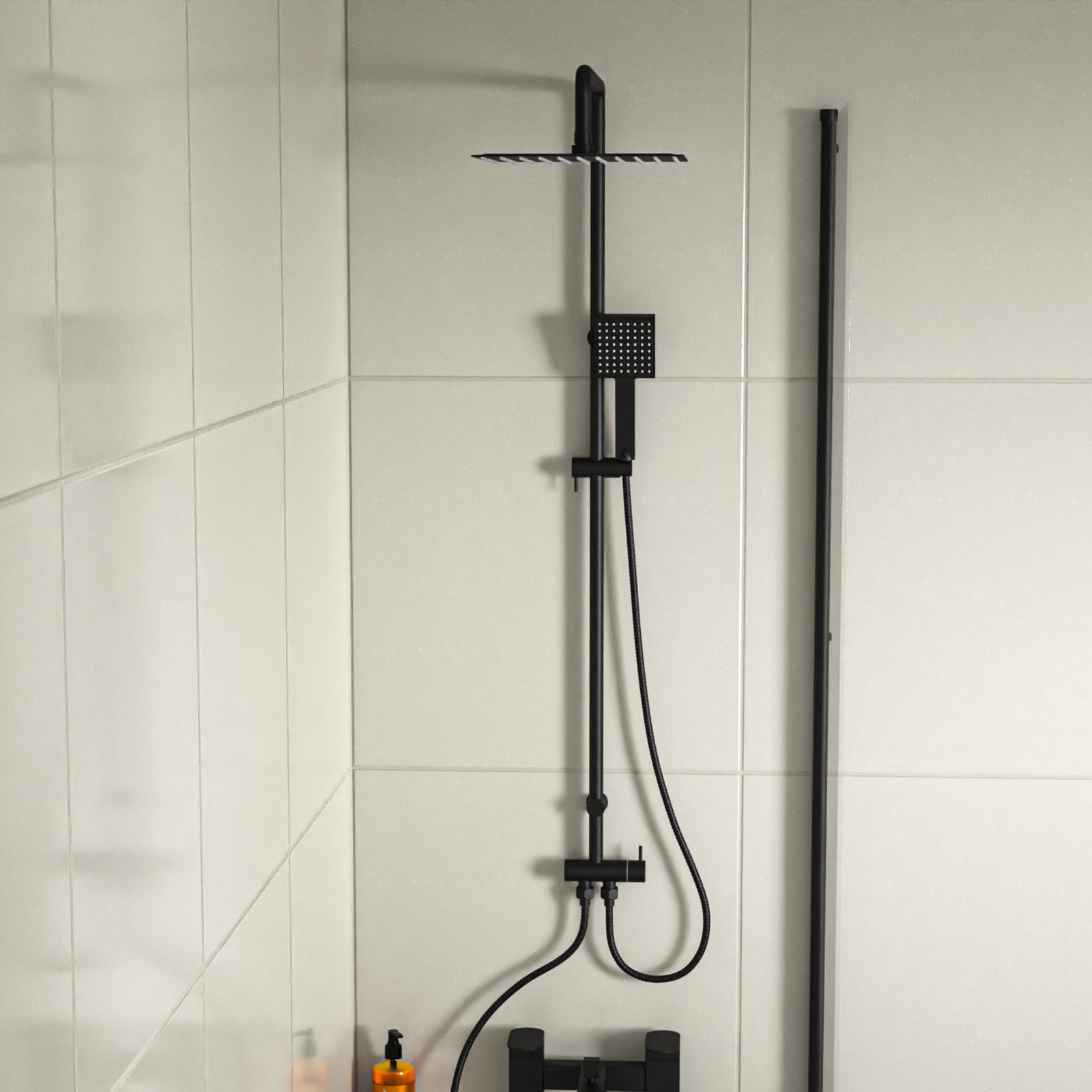 Kinver Modern Exposed Square Shower Mixer Handset & Riser Rail Kit Matte Black