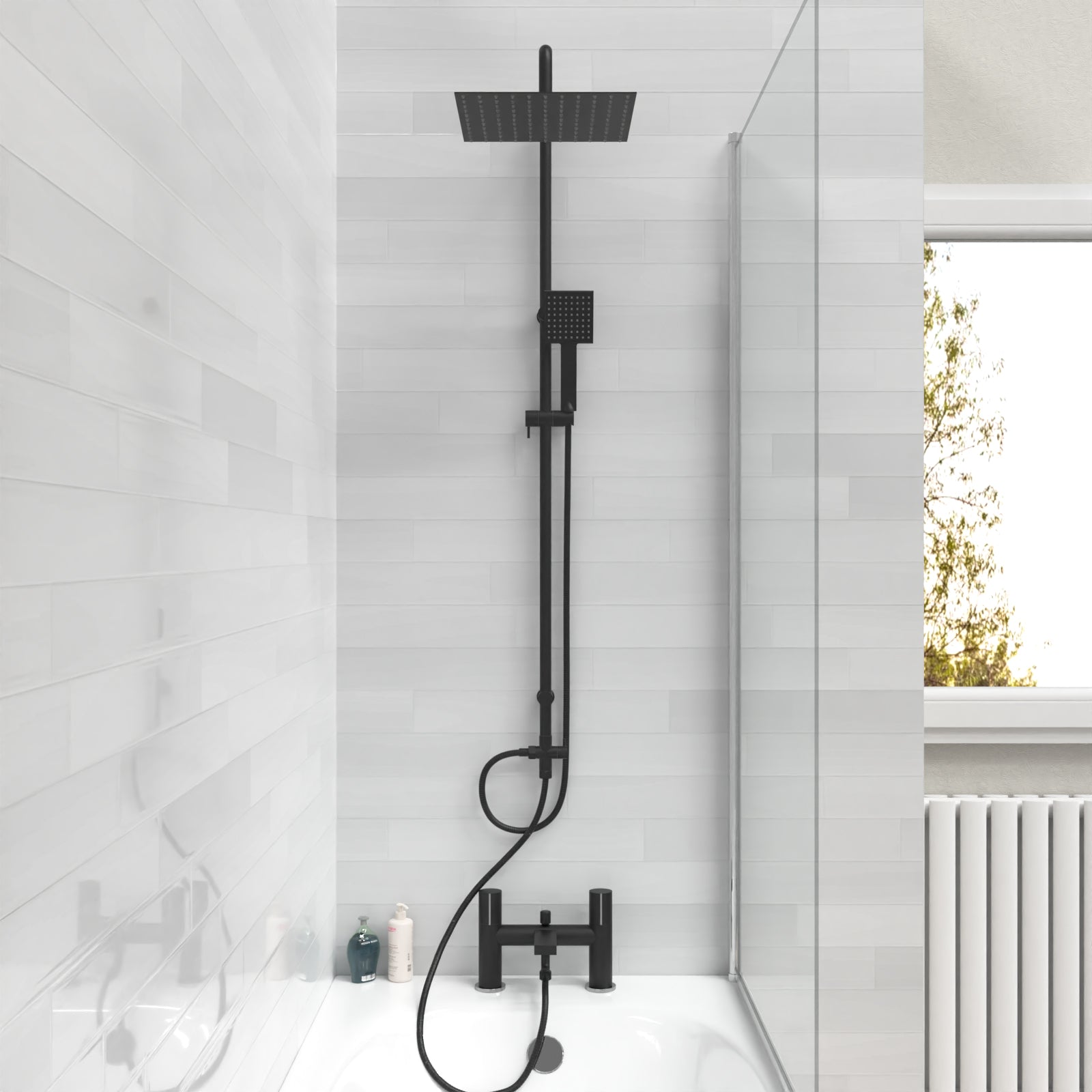 Kinver Square Riser Rail Shower Kit With Bath Mixer Tap & Handset Matte Black