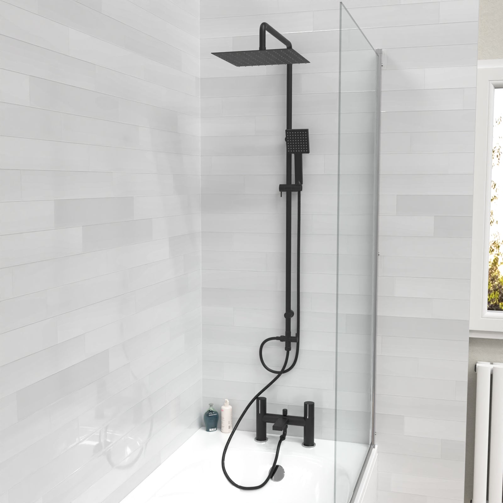 Kinver Square Riser Rail Shower Kit With Bath Mixer Tap & Handset Matte Black