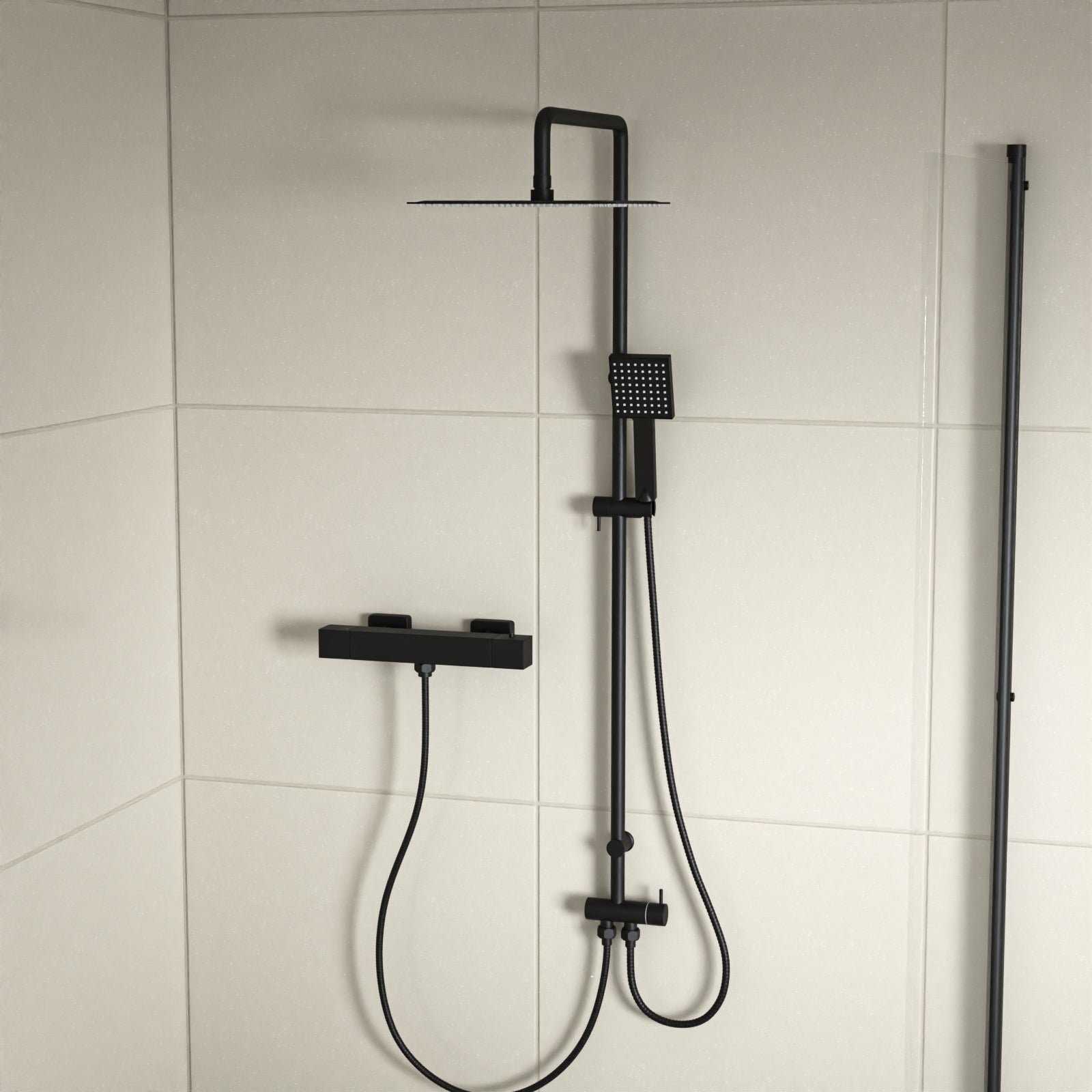 Square Shower Kit With Thermostatic Bar Valve Single Outlet - Matte Black