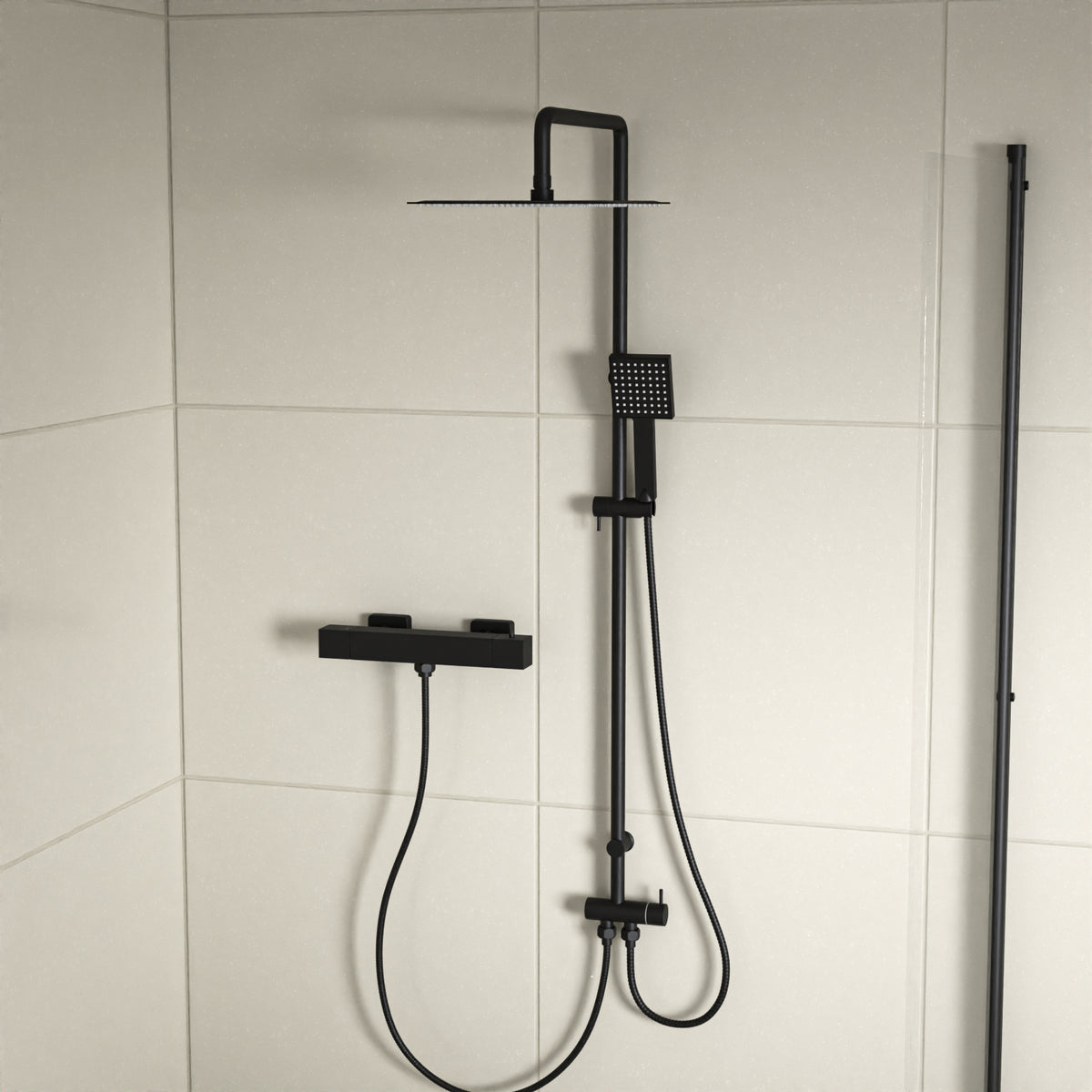 Square Shower Kit With Thermostatic Bar Valve Single Outlet - Matte Black