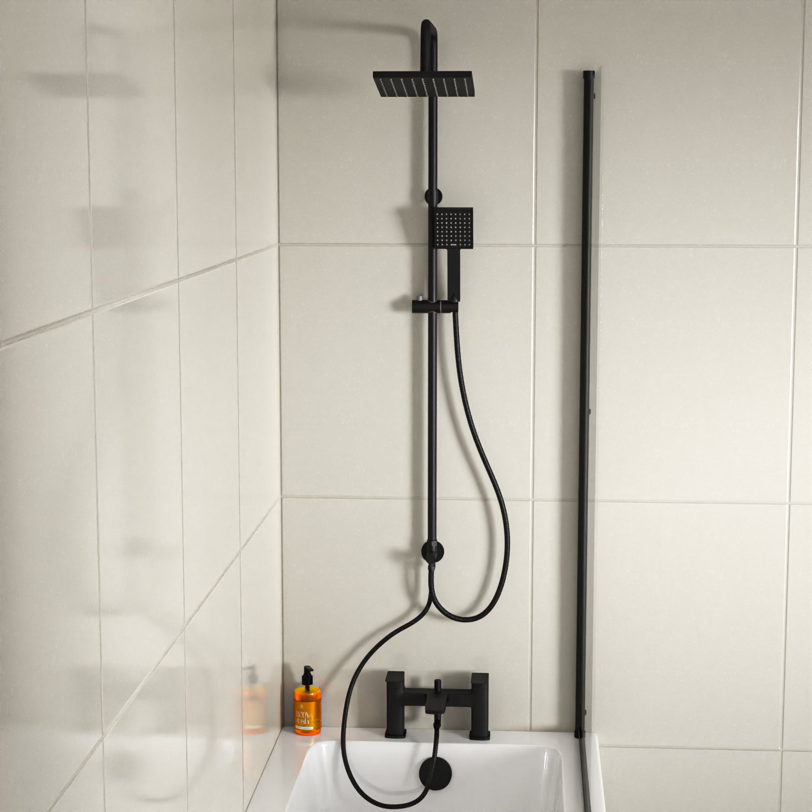 Kinver Square Shower Riser Rail Kit With Bath Mixer & Handset Matte Black