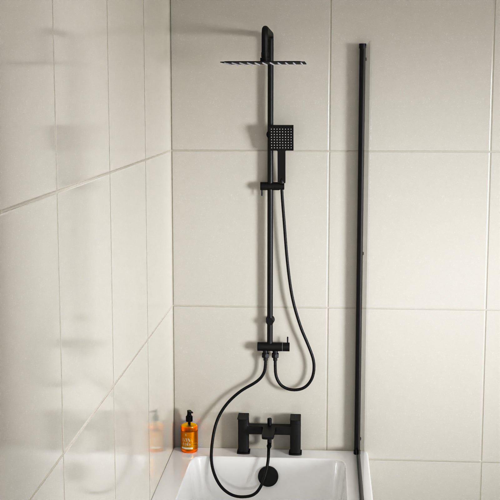 Kinver Square Shower Riser Rail Kit With Bath Mixer & Handset Matte Black