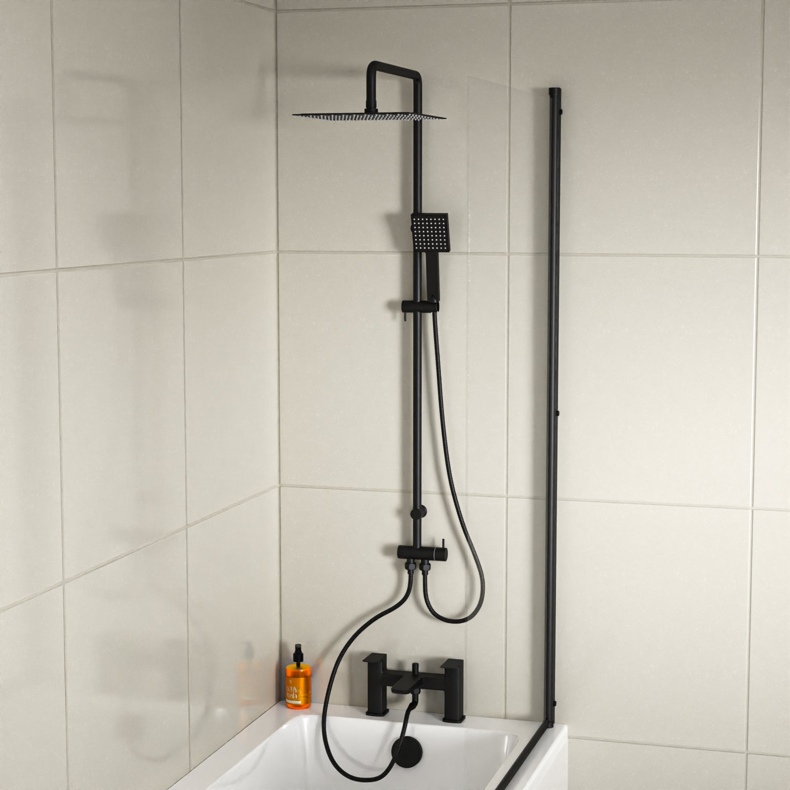 Kinver Square Shower Riser Rail Kit With Bath Mixer & Handset Matte Black