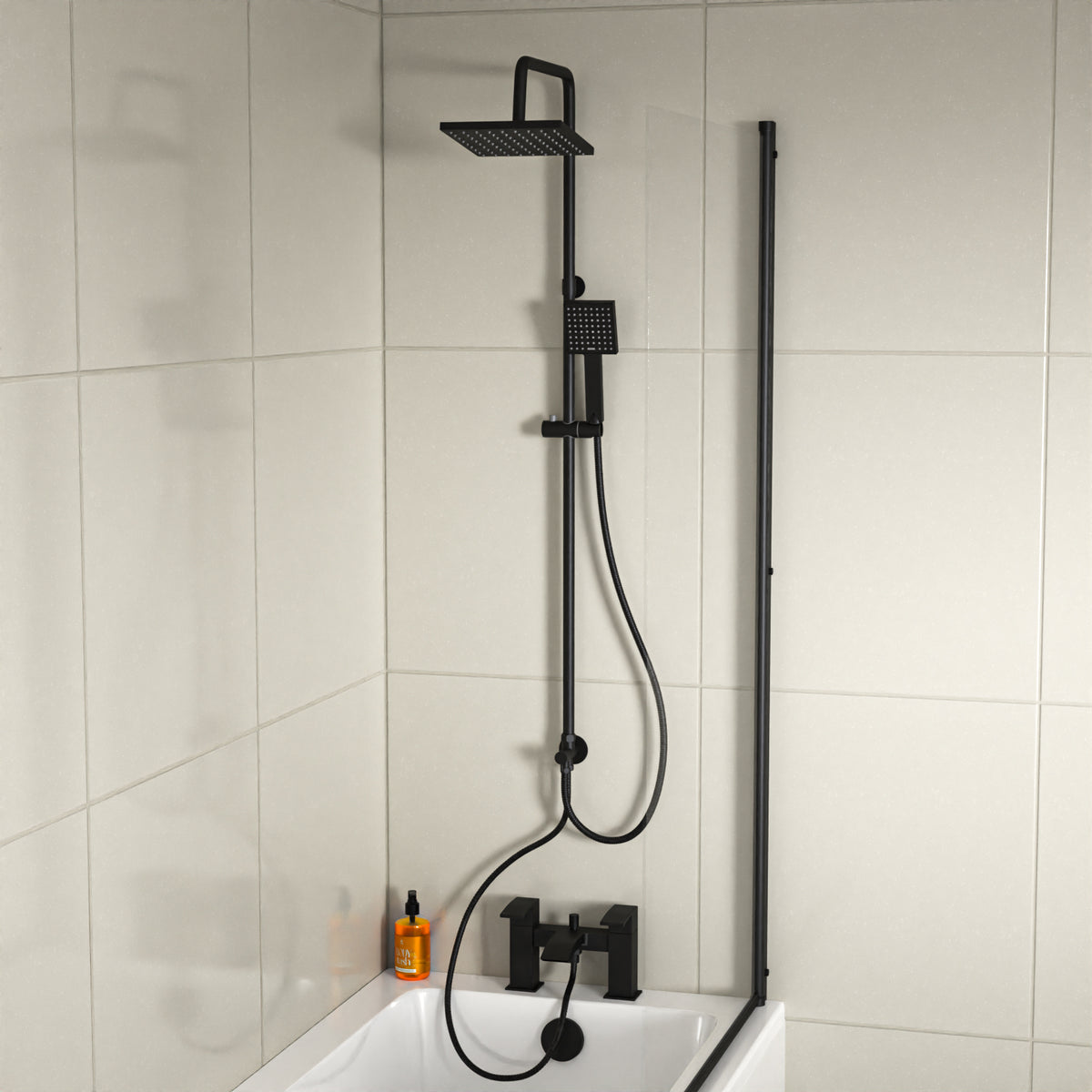 Kinver Square Shower Riser Rail Kit With Mixer Tap & Handset Matte Black