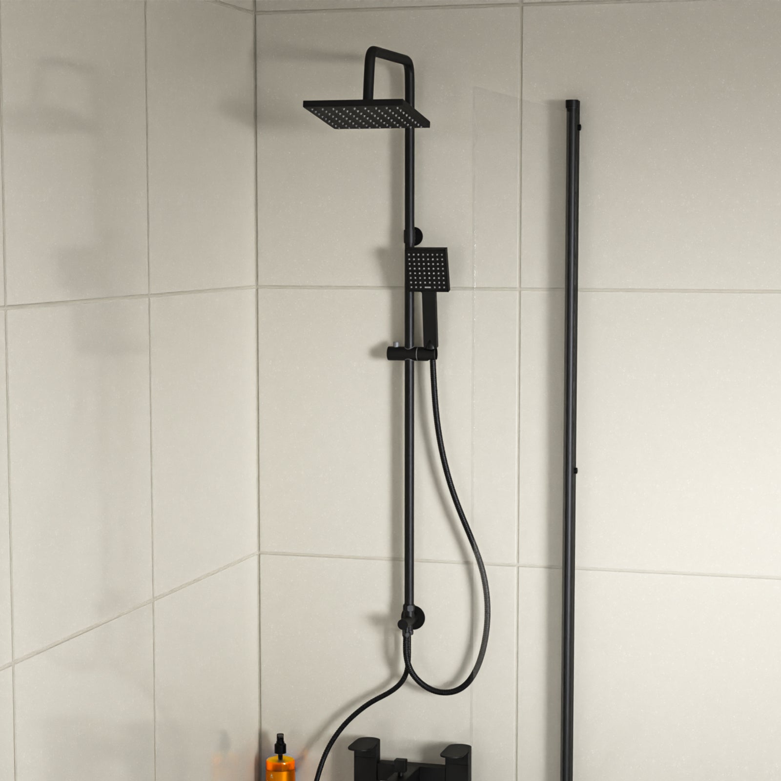 Kinver Modern Exposed Square Shower Mixer Handset & Riser Rail Kit Matte Black