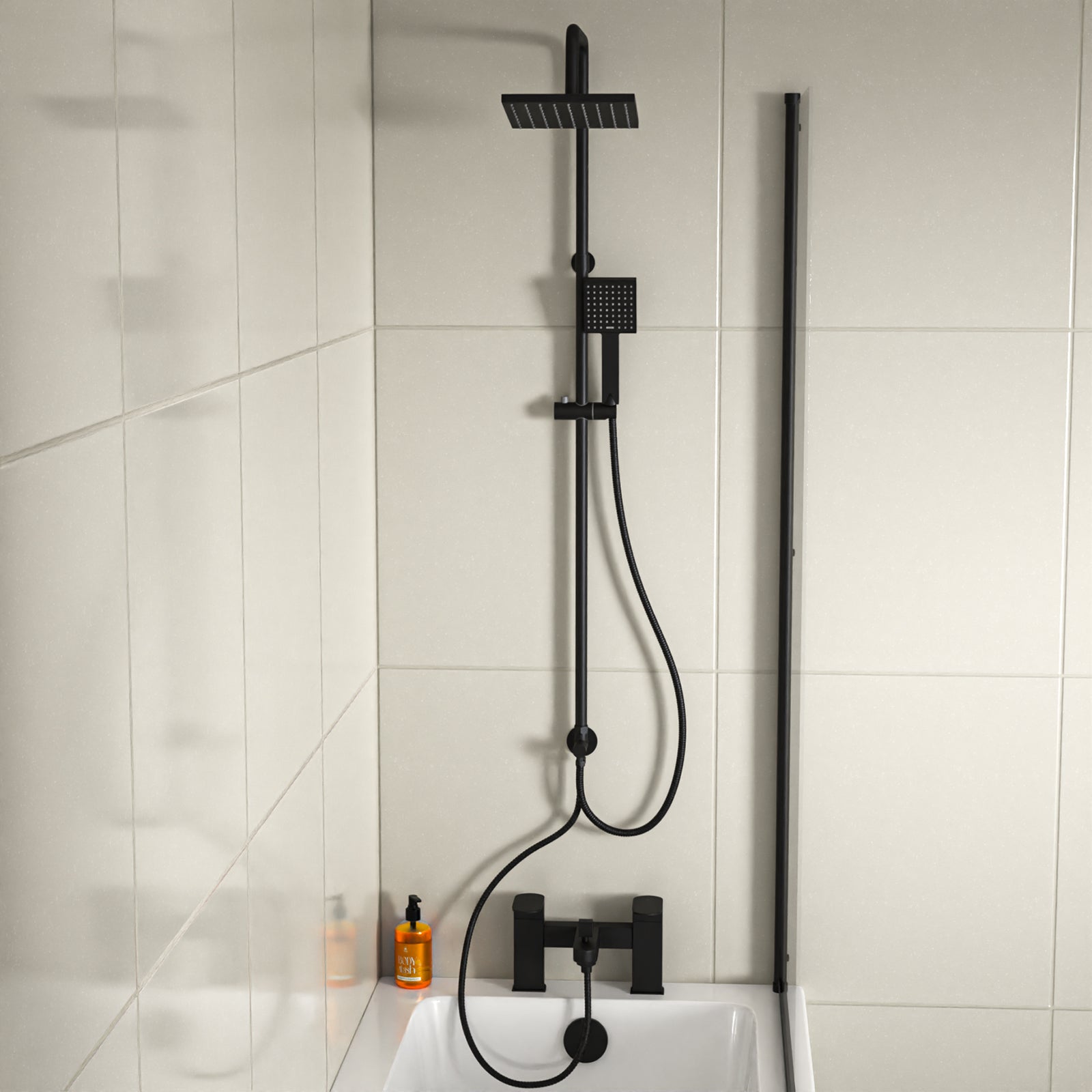 Knighton Square Shower Mixer With Eclipse Bath Tap, Handset & Riser Rail Kit Matte Black