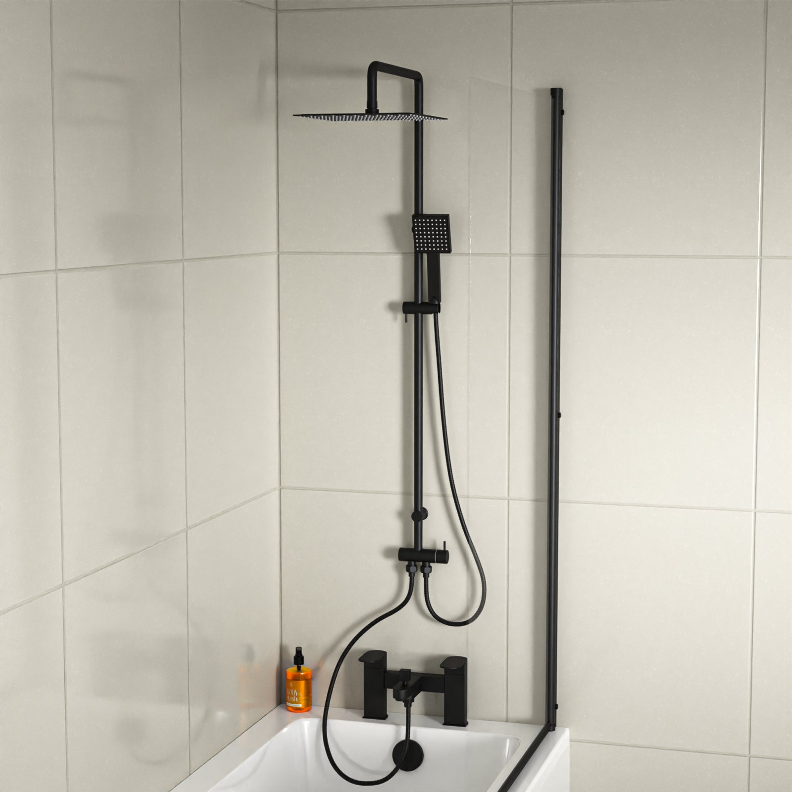 Knighton Square Shower Mixer With Eclipse Bath Tap, Handset & Riser Rail Kit Matte Black