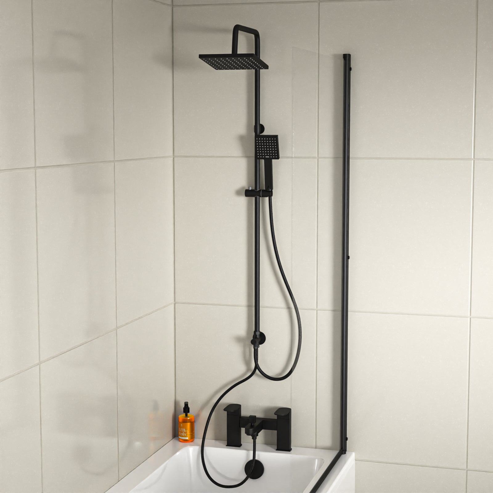 Knighton Square Shower Mixer With Eclipse Bath Tap, Handset & Riser Rail Kit Matte Black