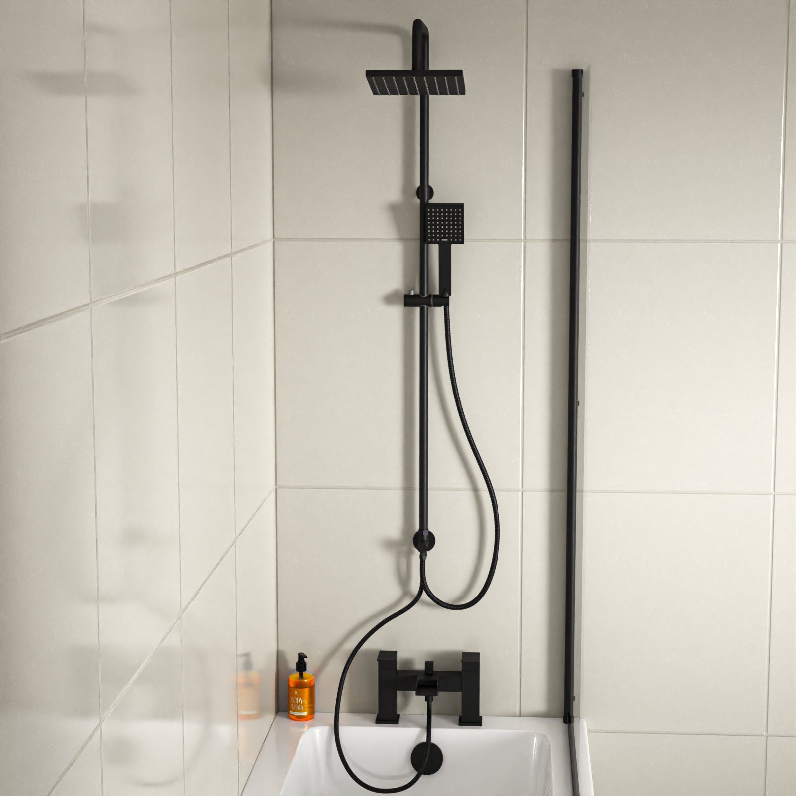 Ashton Square Shower & Ozone Waterfall Mixer Tap, Handset & Riser Rail Kit Matte Black