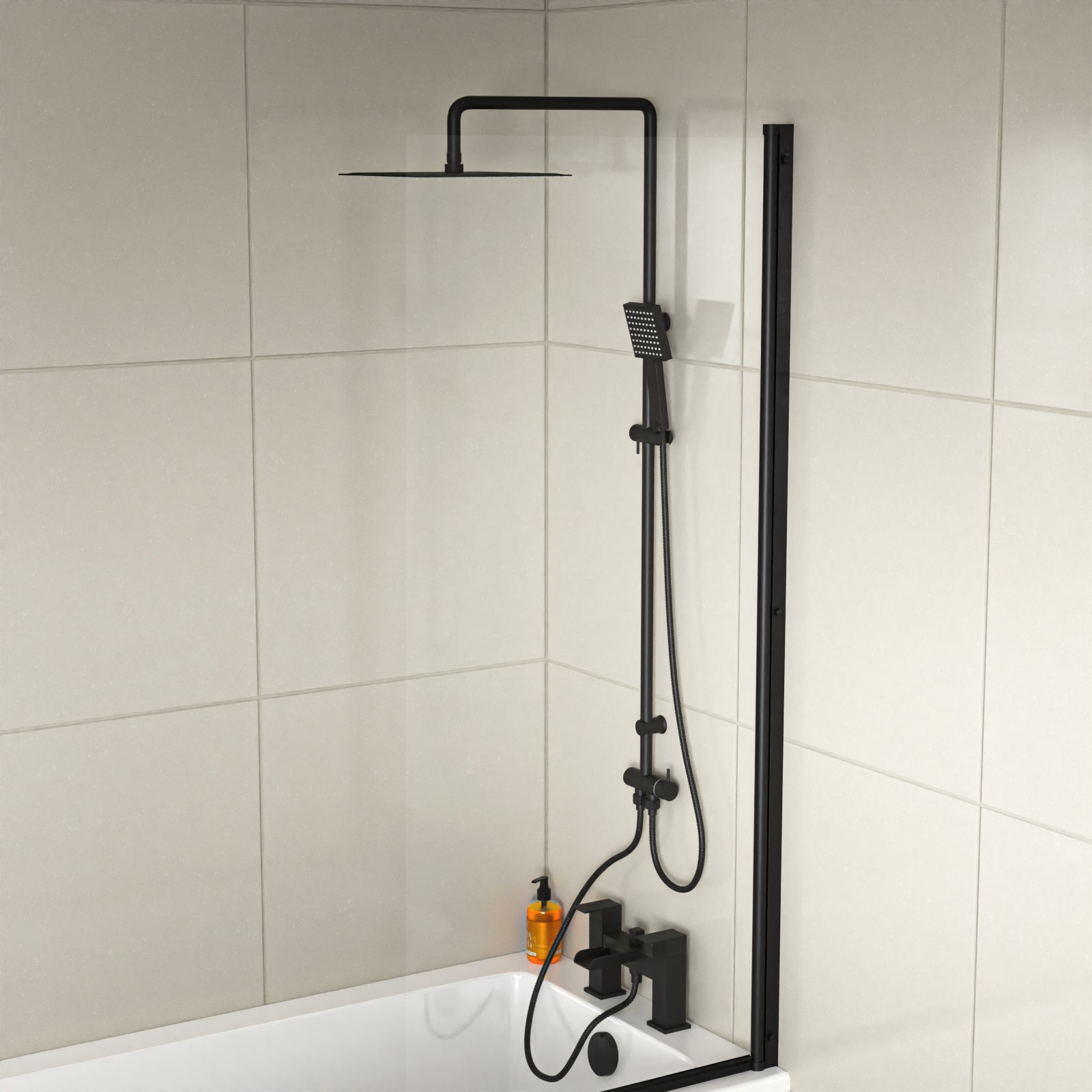Ashton Square Shower & Ozone Waterfall Mixer Tap, Handset & Riser Rail Kit Matte Black