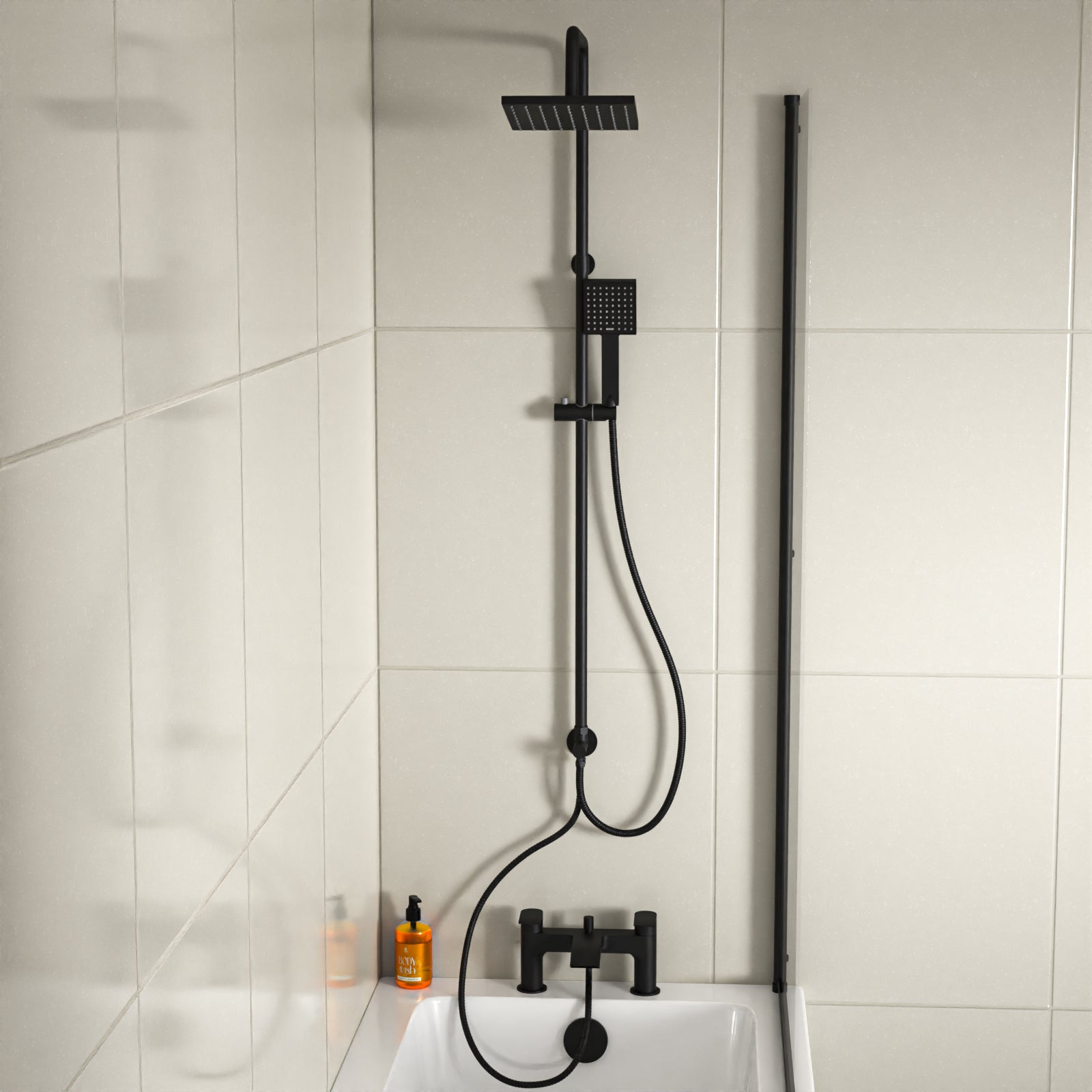 Croxton Square Shower & Vago Bath Mixer Tap, Handset & Riser Rail Kit Matte Black