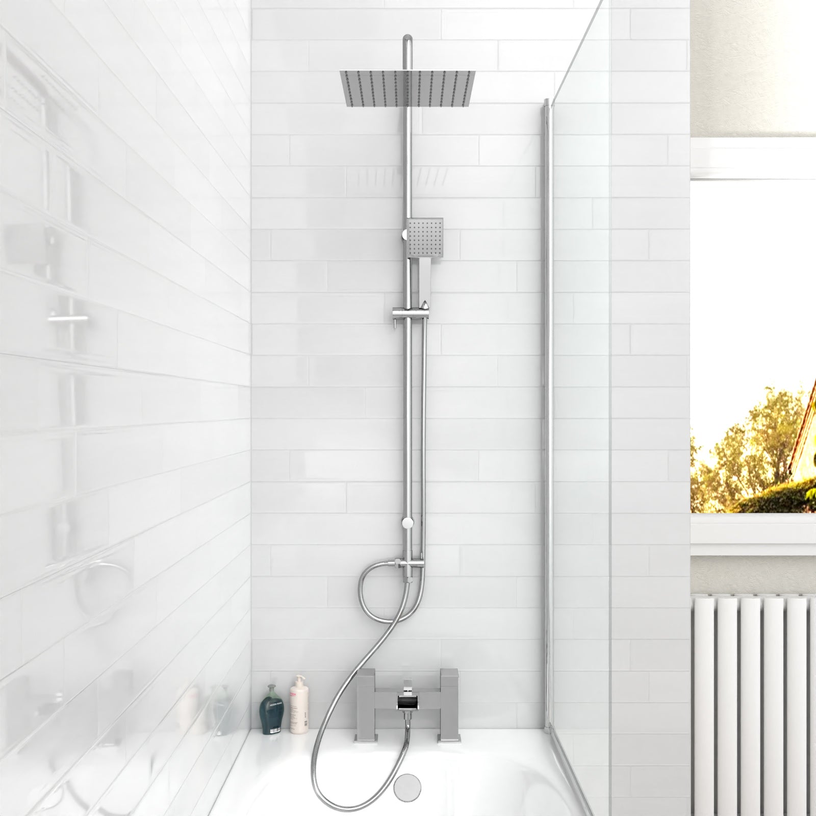 Rowton Square Shower & Ozone Waterfall Mixer Tap, Handset & Riser Rail Kit Chrome