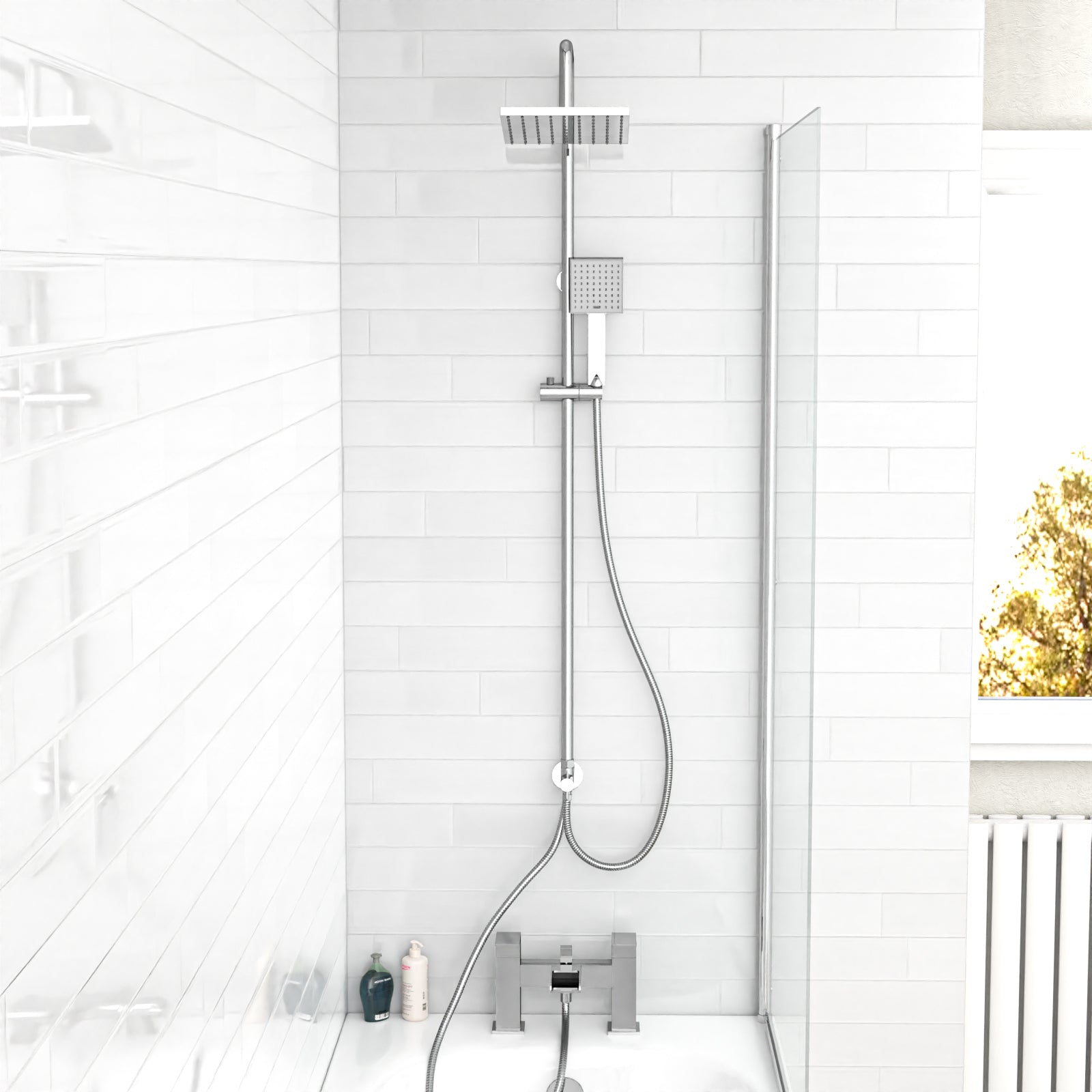 Rowton Square Shower & Ozone Waterfall Mixer Tap, Handset & Riser Rail Kit Chrome