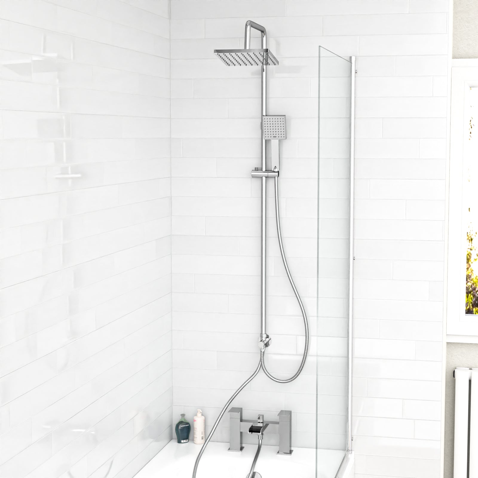 Rowton Square Shower & Ozone Waterfall Mixer Tap, Handset & Riser Rail Kit Chrome