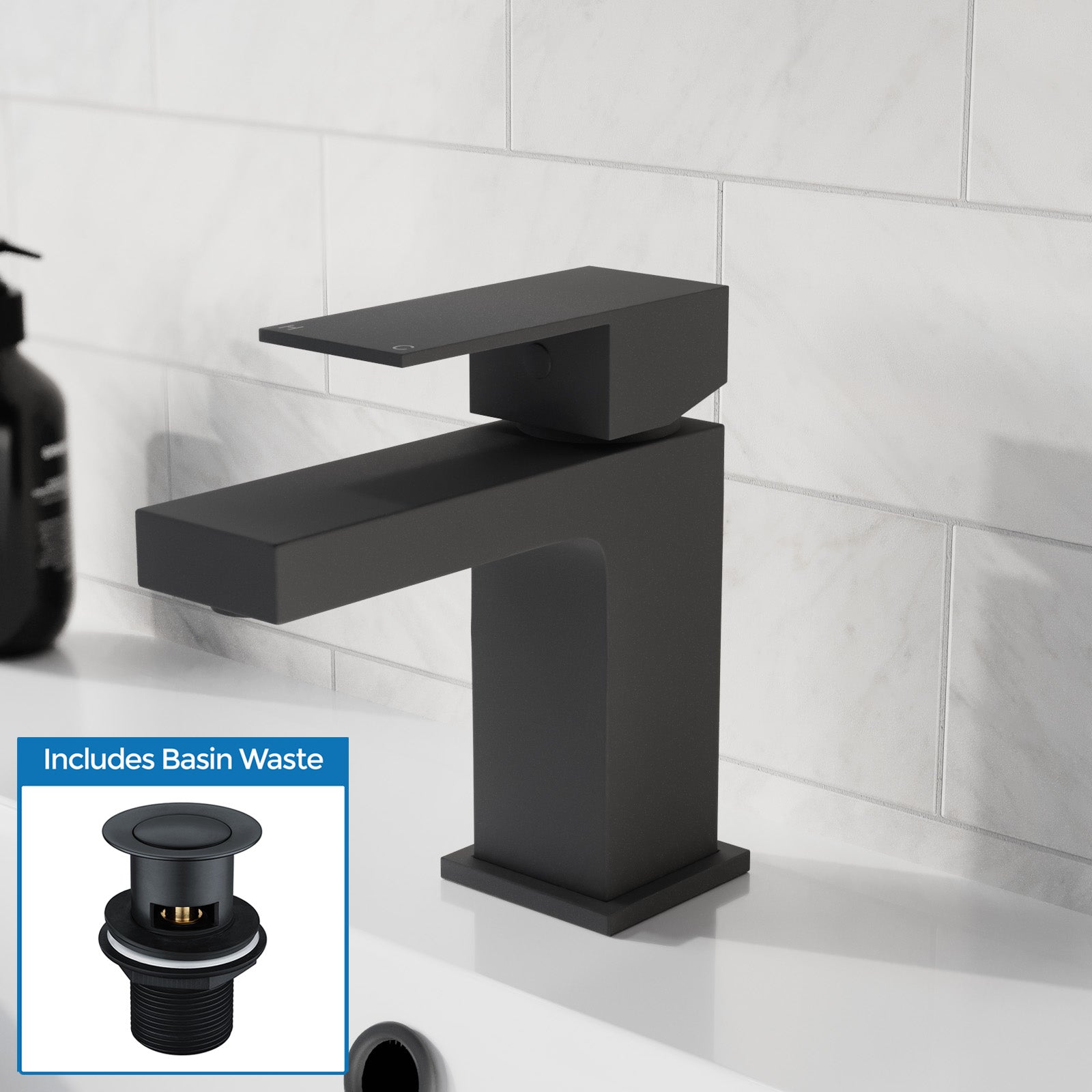 Cube Square Single Lever Bathroom Matte Black Basin Mono Mixer Tap & Waste