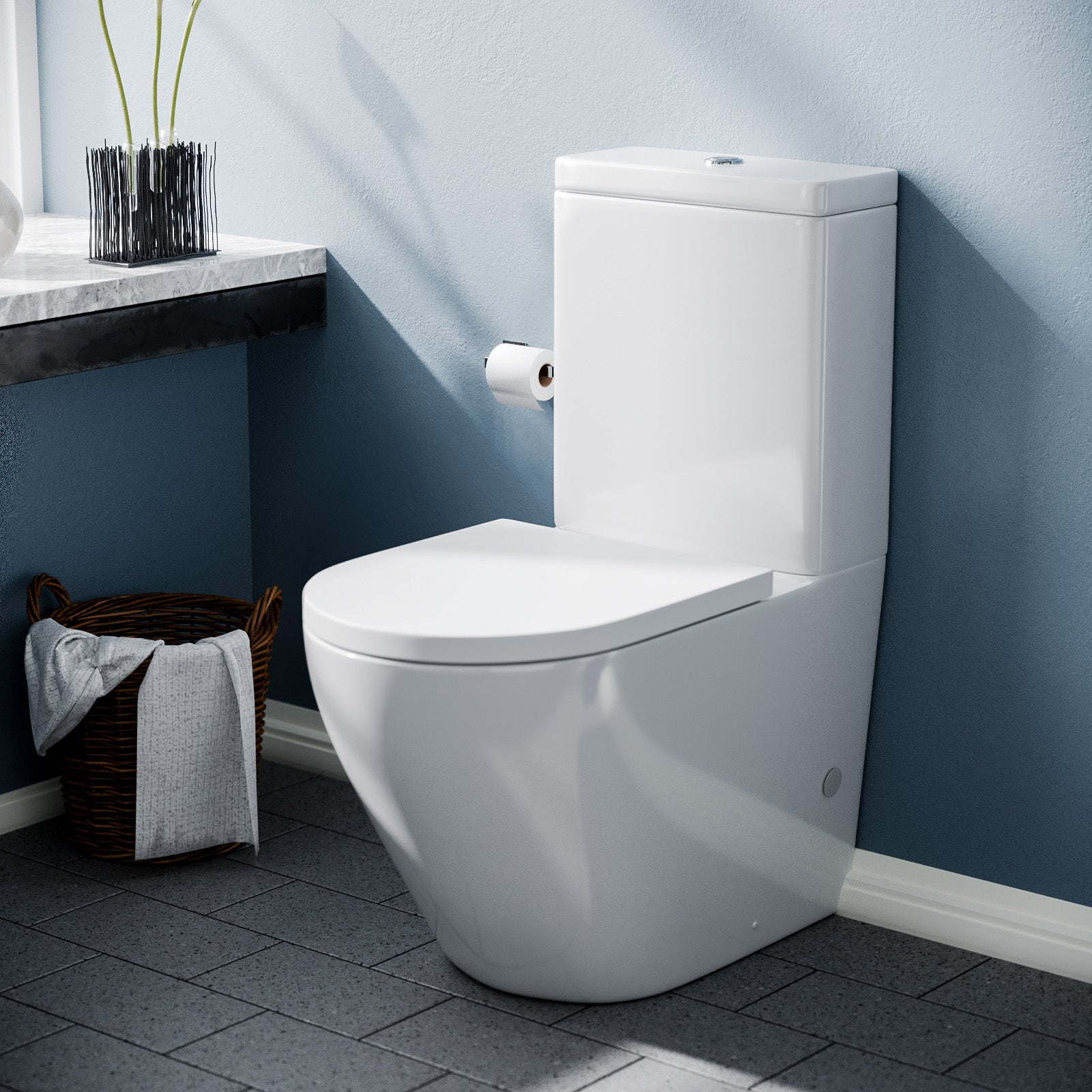 Rimless Modern Close Coupled Rimless Bathroom Toilet & Soft Close Seat