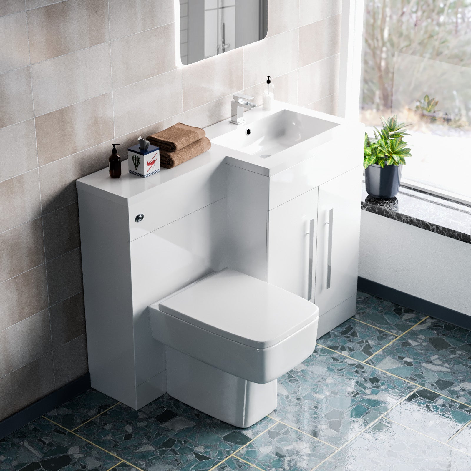 Aric 1100mm RH Freestanding White Basin Vanity Unit with WC Unit & BTW Toilet