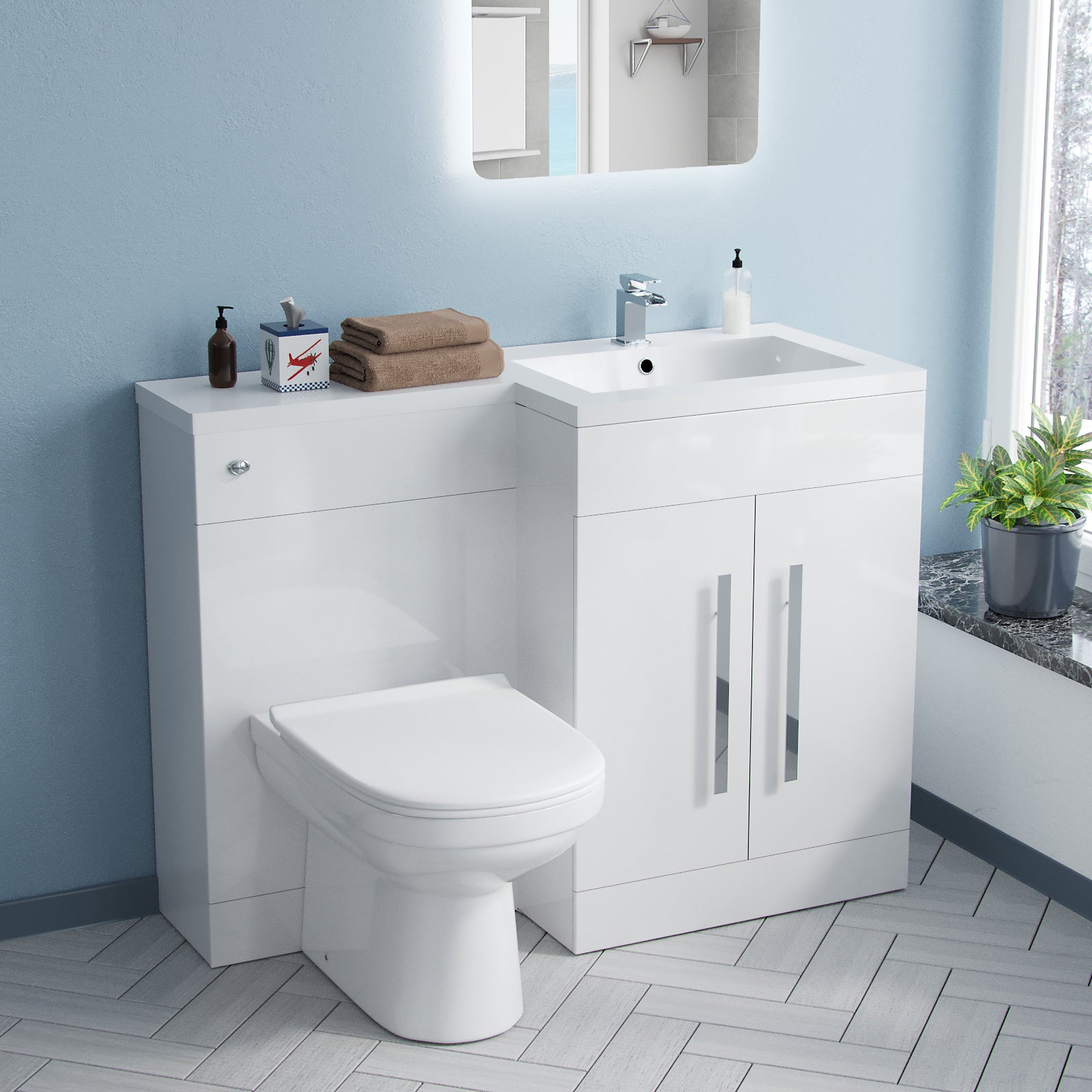 Aric White 1100mm L-Shape RH Basin Vanity Unit BTW WC Toilet Flat Pack