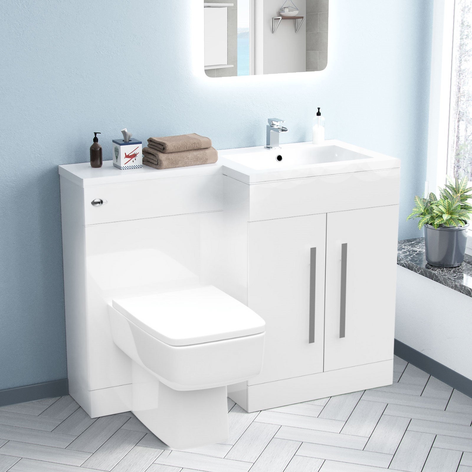 Aric 1100mm RH Freestanding White Basin Vanity Unit with WC Unit & BTW Toilet