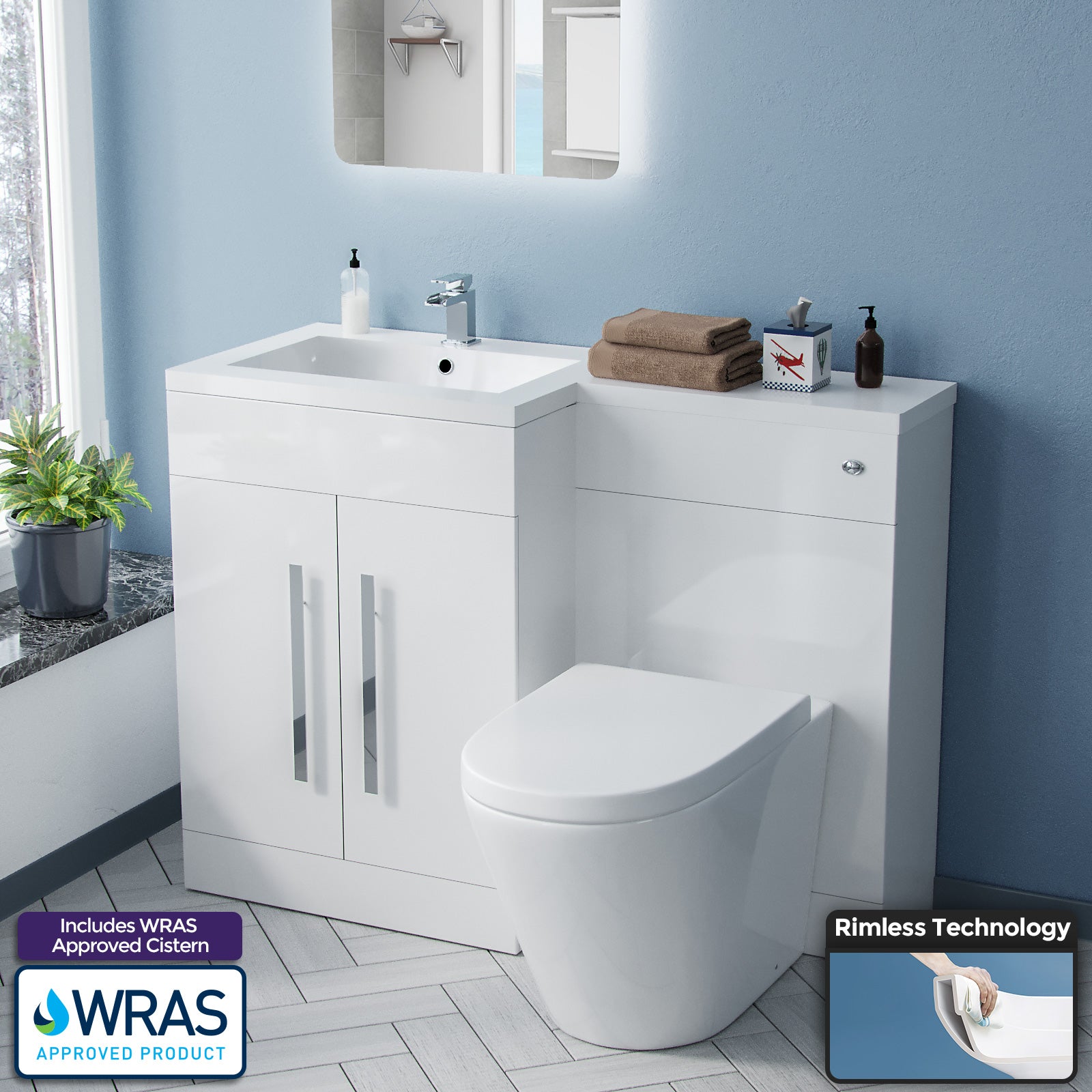 Aric 1100mm Vanity Basin Unit, WC Unit & Ellis Back To Wall Toilet White