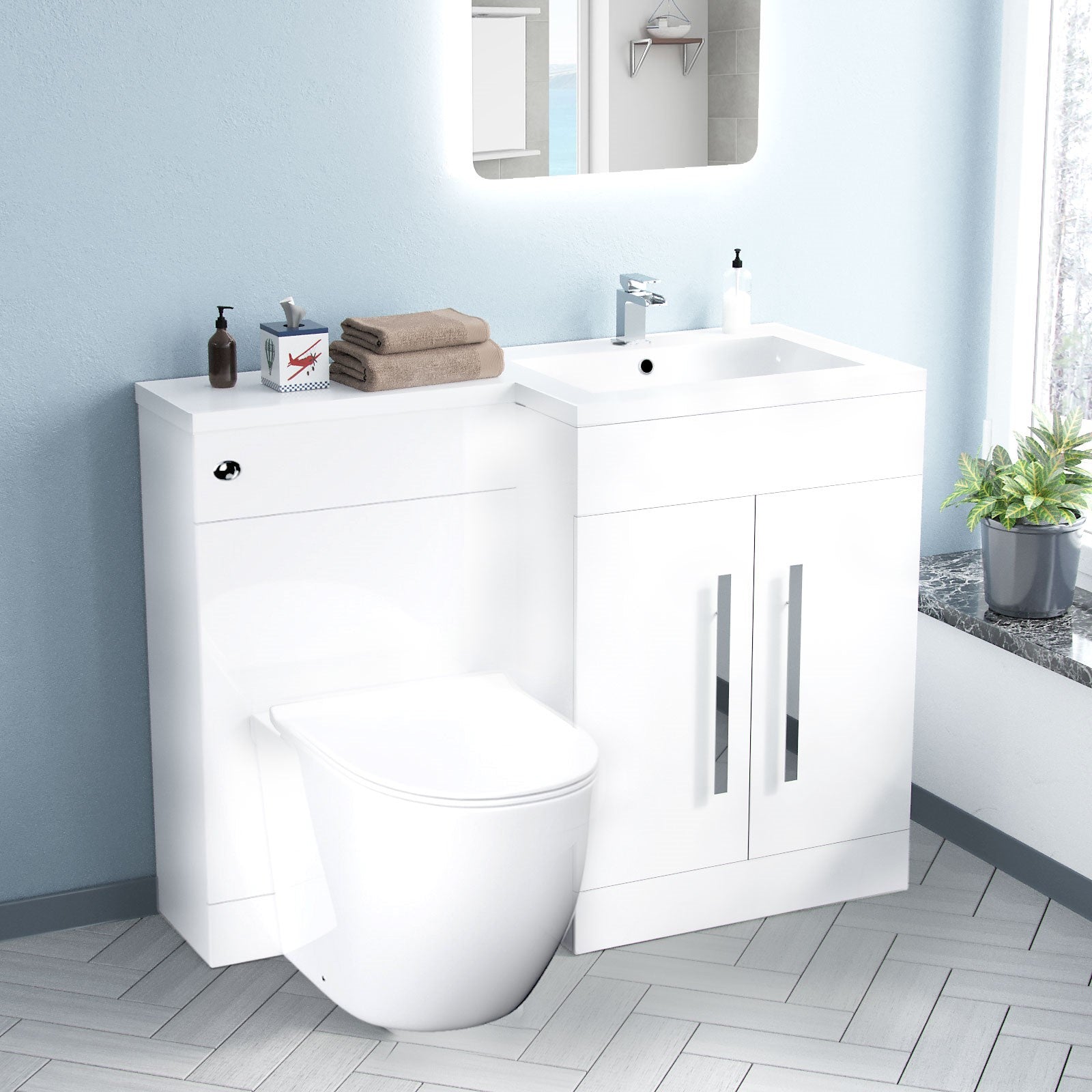 Aric White Flat Pack Right Hand Vanity Basin Unit, Rimless Back To Wall Toilet, WC Unit