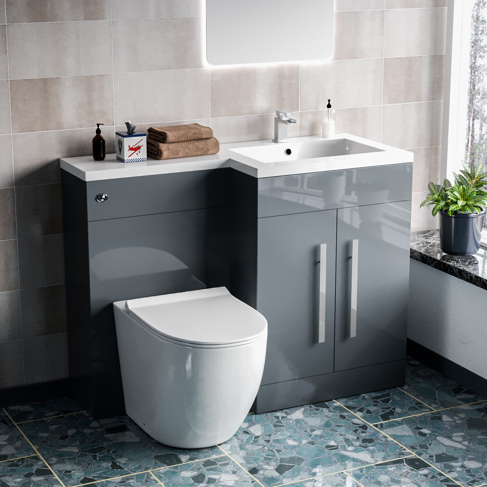 Aric 1100mm RH Rimless Round BTW Toilet, WC Unit & Resin Basin Grey