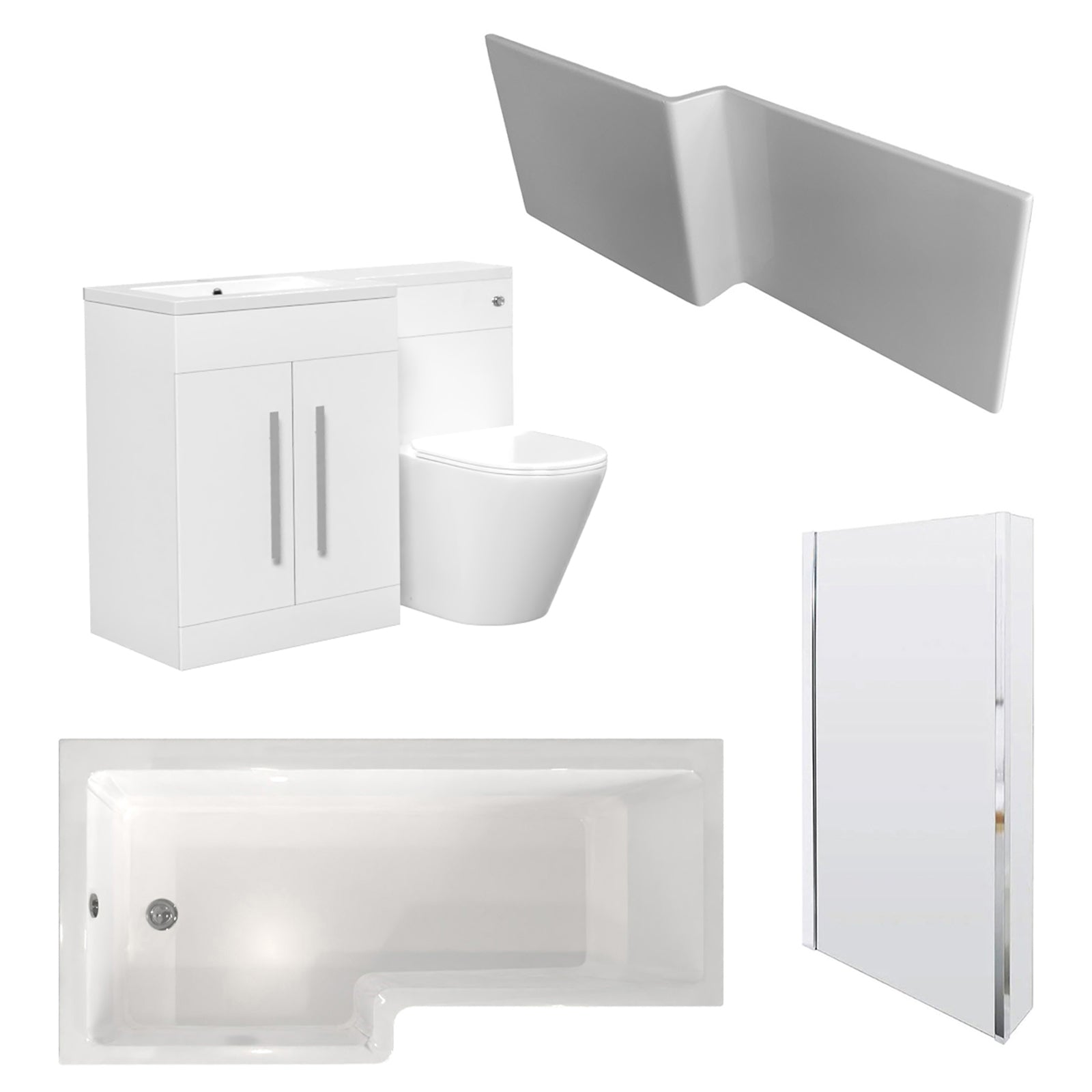 Aric White 1700mm LH Bath With Screen, Basin Vanity Unit & Modern BTW Toilet Suite