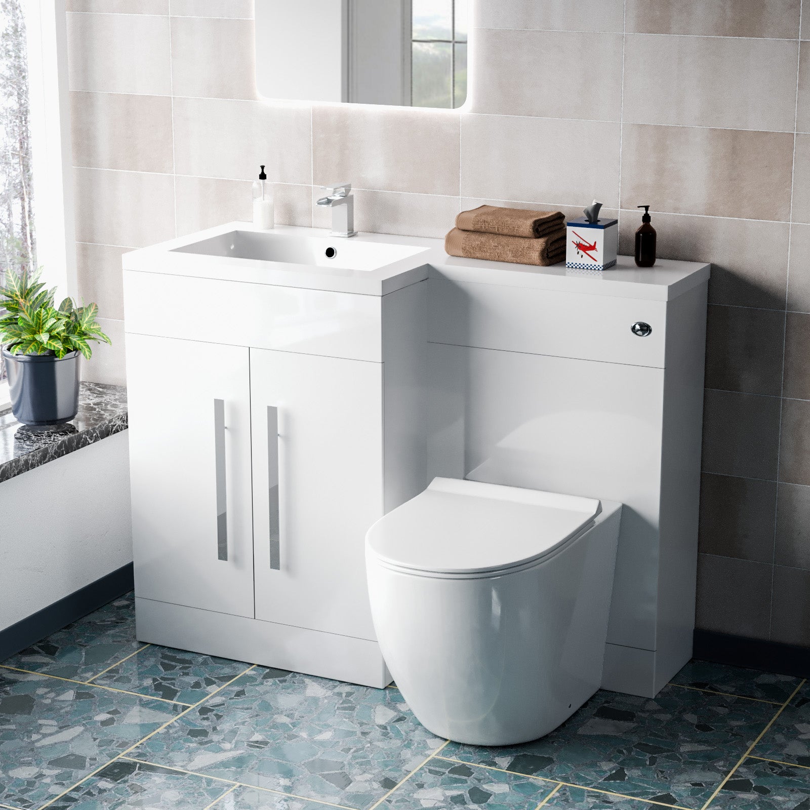 Aric White Left Hand Vanity Basin Unit, WC and Back To Wall Toilet
