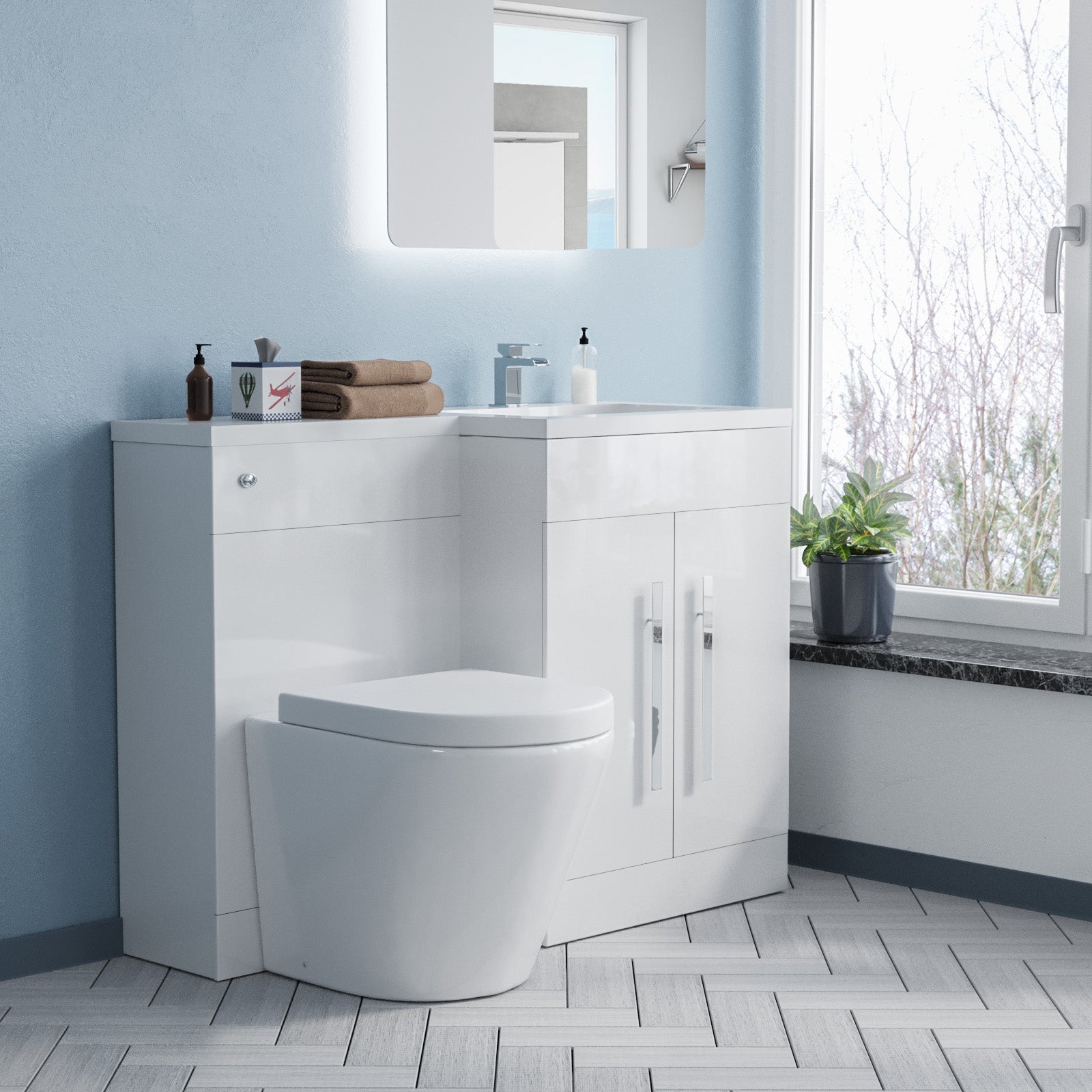 Aric 1100mm RH Vanity Basin Unit, WC Unit & Eddy Rimless Back To Wall Toilet White