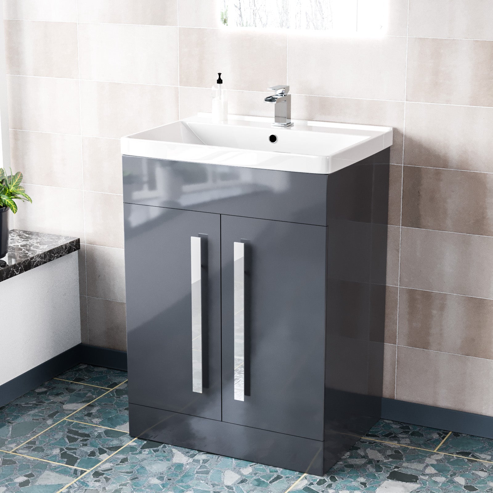 Aric Dark Grey 600mm Gloss Bathroom Basin Sink Cabinet & Ceramic Basin Flat Pack