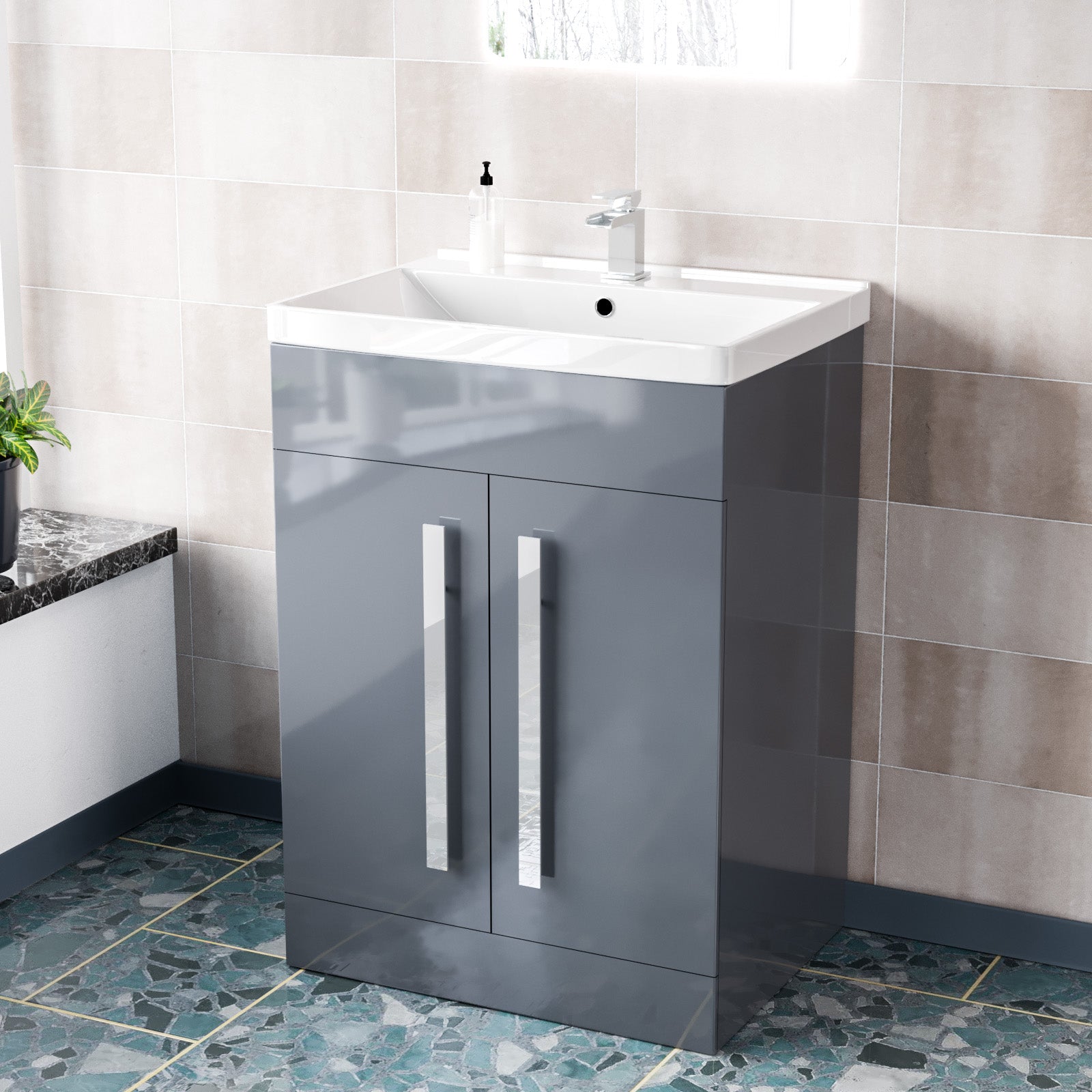 Aric Grey 600mm Gloss Bathroom Basin Sink Cabinet & Ceramic Basin