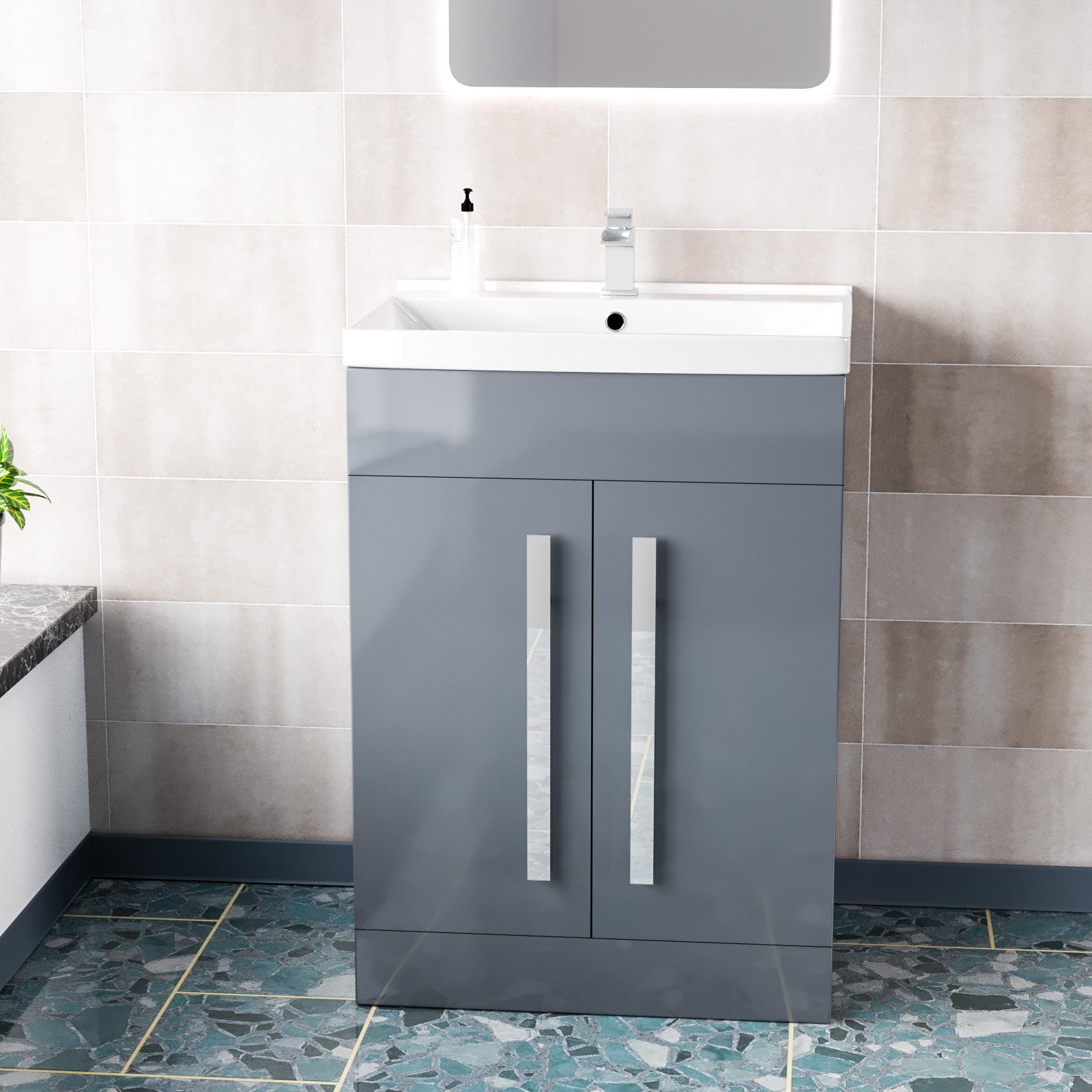 Aric Grey 600mm Gloss Bathroom Basin Sink Cabinet & Ceramic Basin