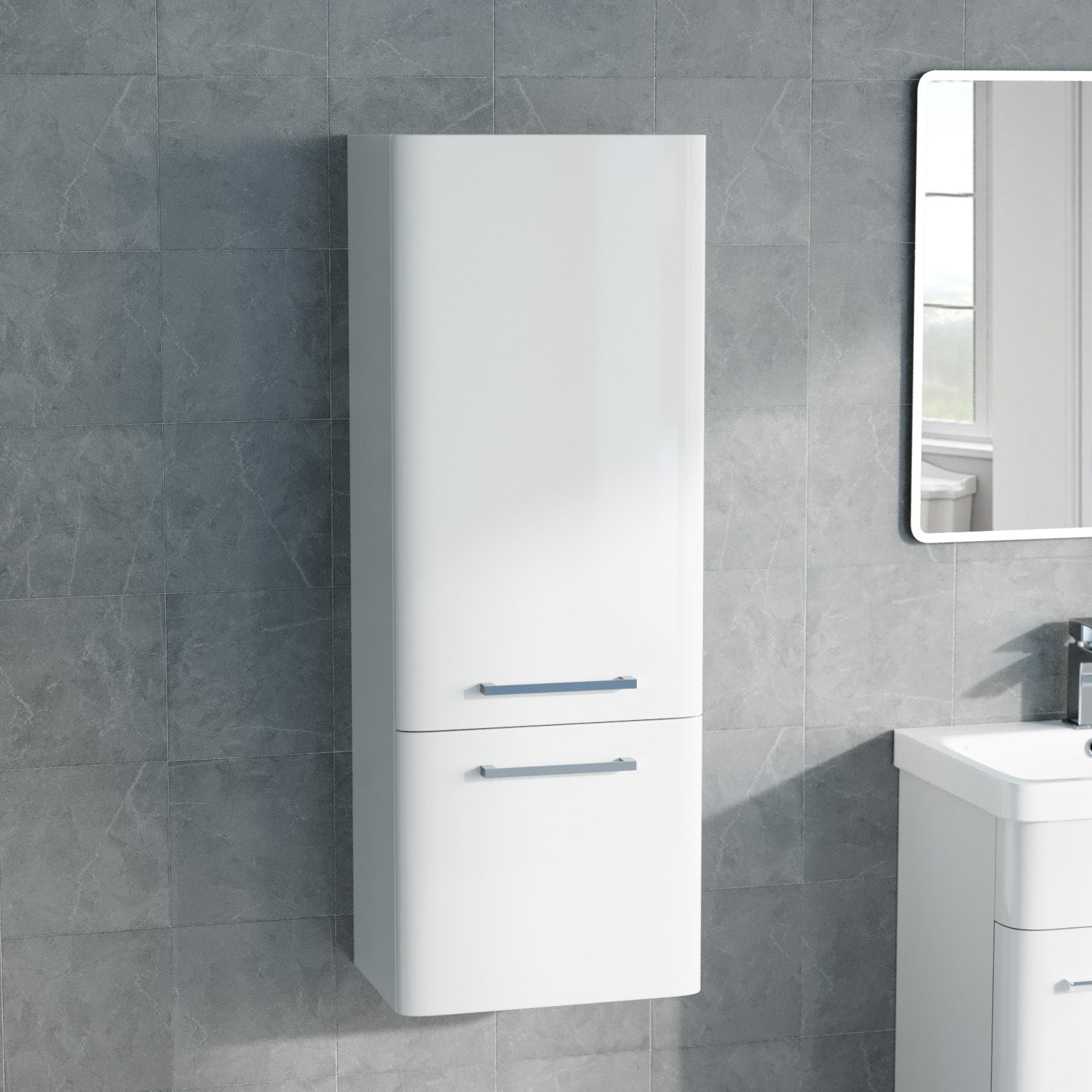 Afern 350mm White Wall Hung Tall Storage Cabinet With Adjustable Shelves