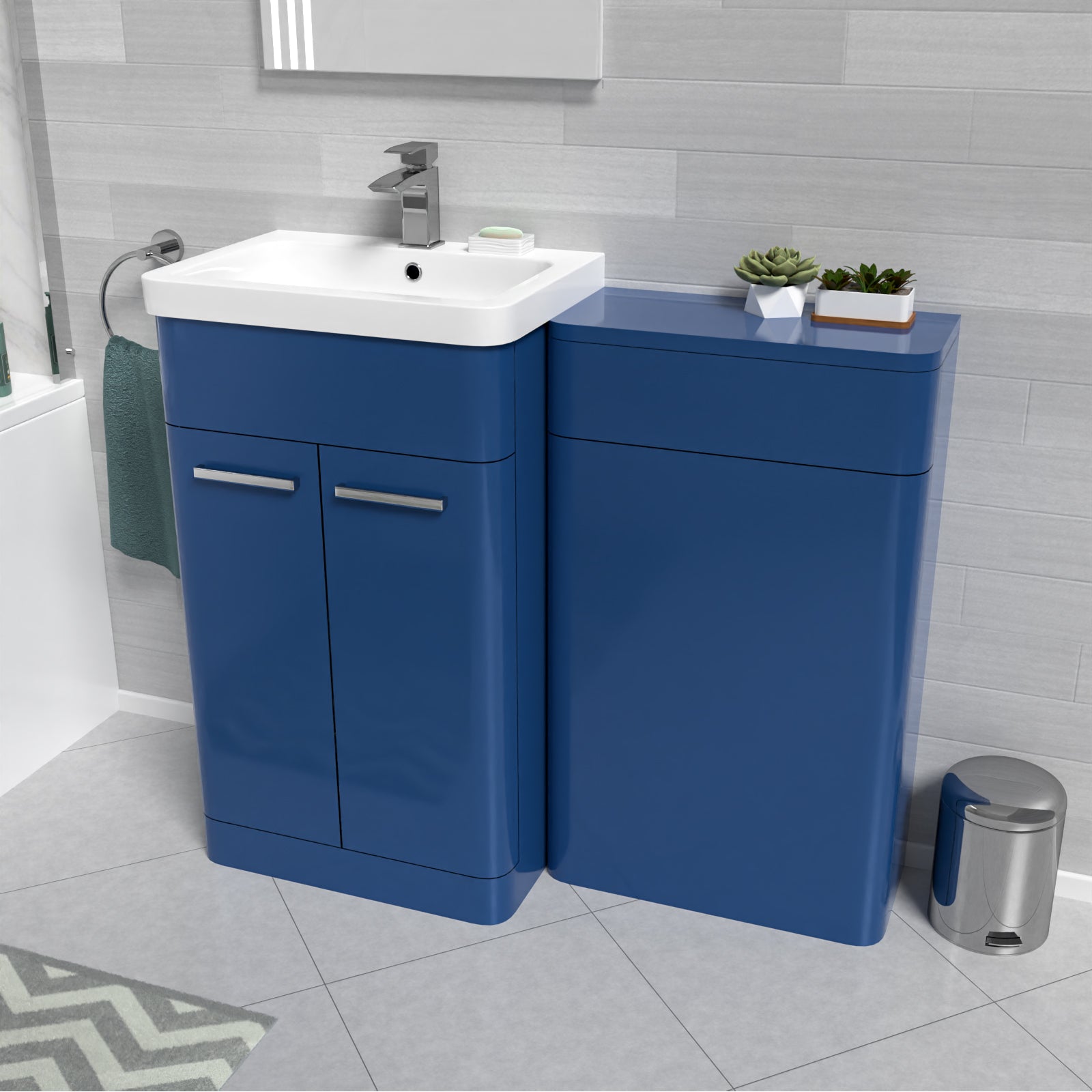 Afern Matt Blue 1000mm Freestanding Cabinet & Ceramic Basin & WC Unit