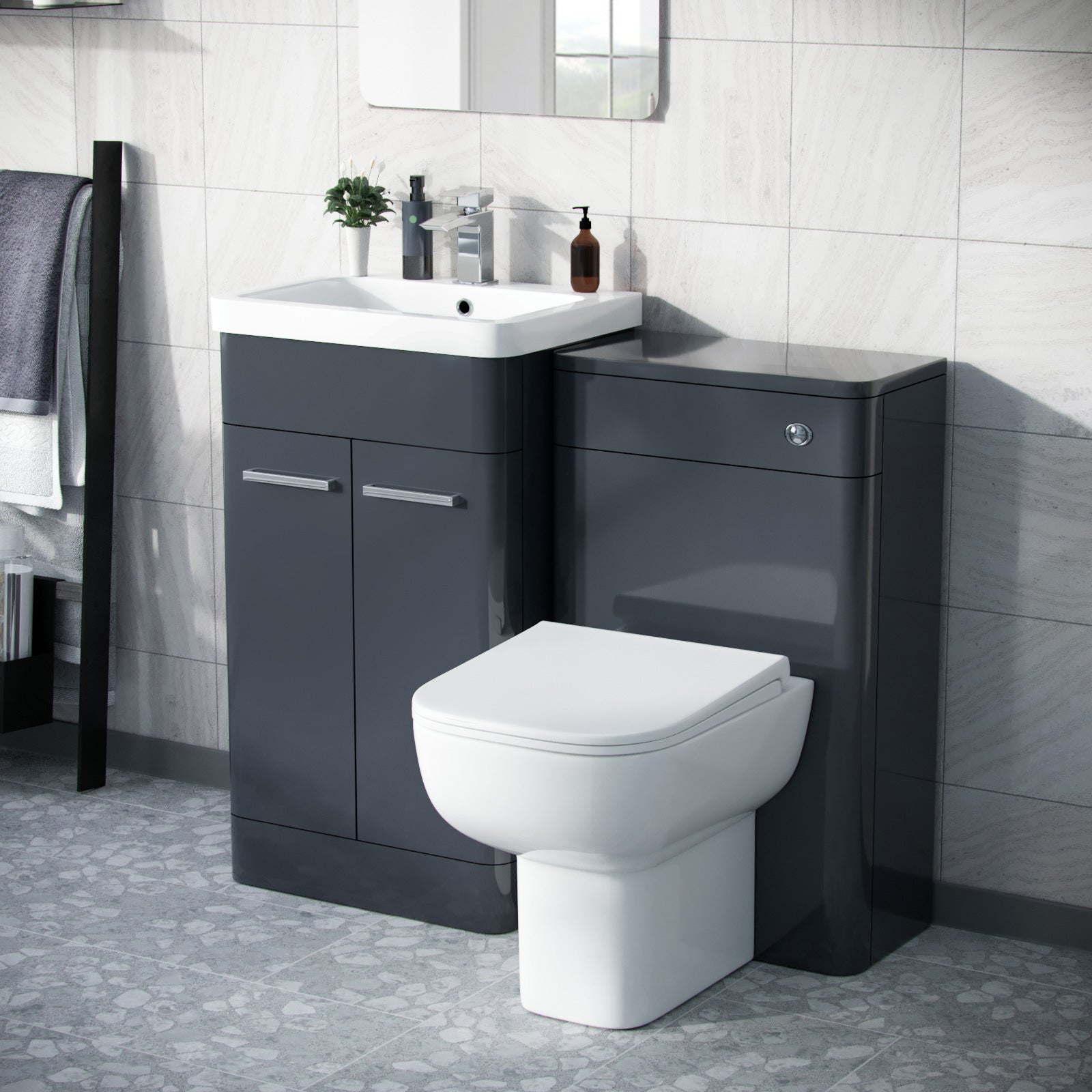 Afern Anthracite 500mm Basin Vanity WC Unit & Rimless Back to Wall Toilet