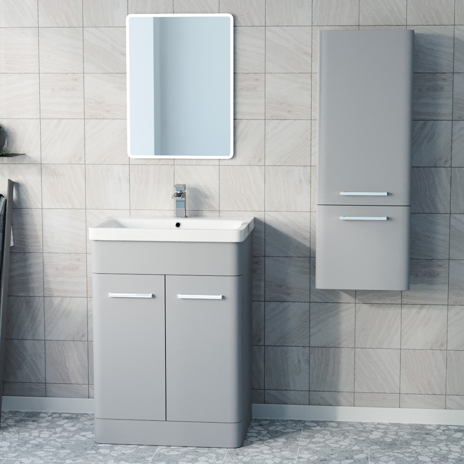 Afern 600mm Freestanding Matte Grey Basin Vanity & 350mm Wall Hung Cabinet