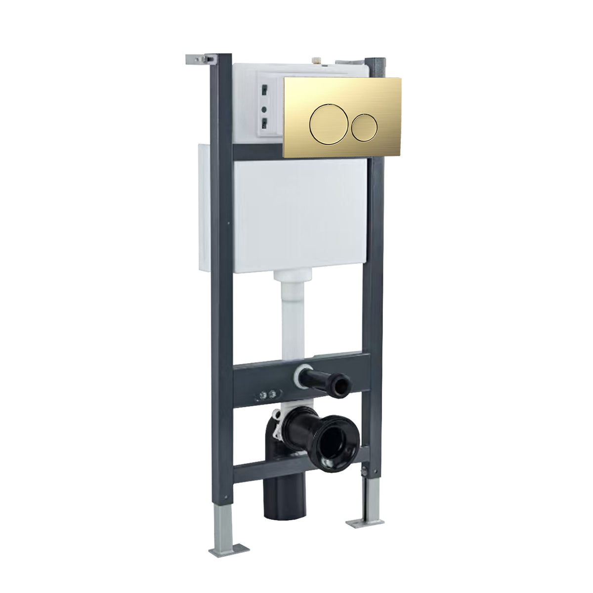 Wall Hung 1.13m Toilet Cistern Frame with Brushed Brass Round Button Flush Plate