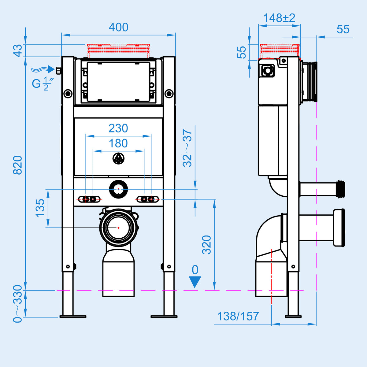 Top or Front Wall Hung 0.82m Toilet Frame and Dual Flush Brushed Brass Rectangle Button