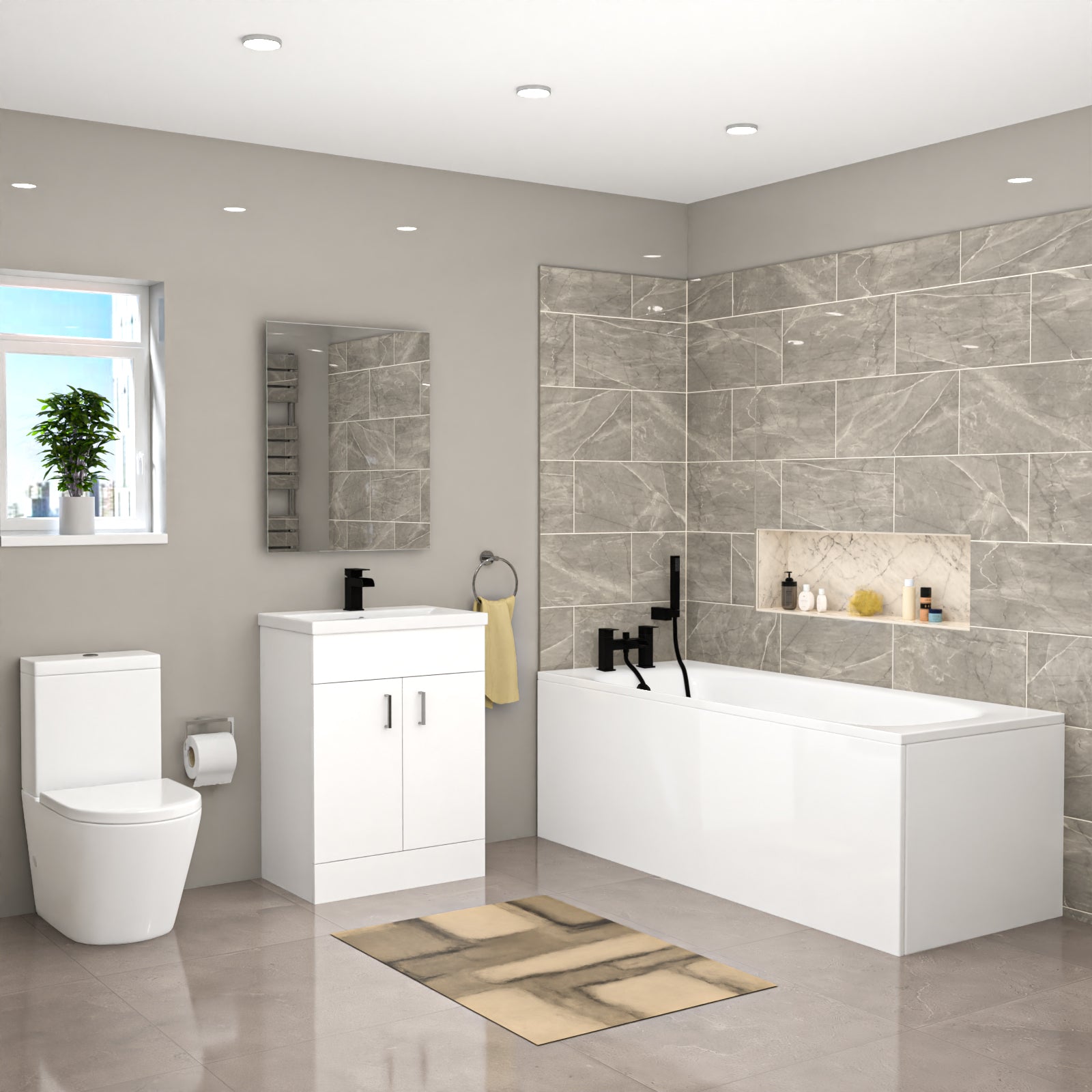 Nanuya Modern Suite 600mm Basin Vanity Unit, Bath & Close Coupled Toilet