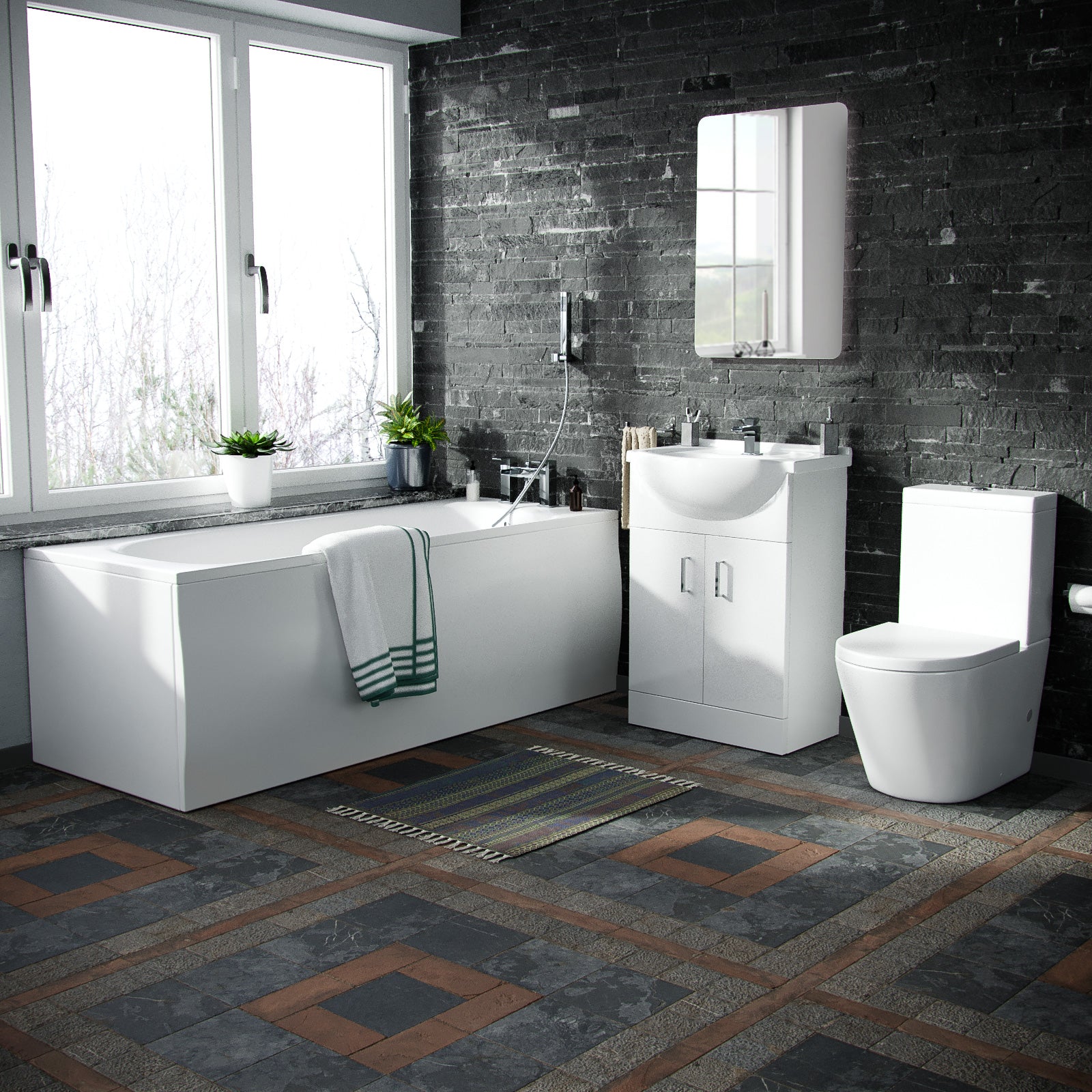 Ellen 1700mm Bath, 550mm Vanity Basin Unit, Rimless Close Coupled Toilet, Mono Mixer, Bath Mixer & Wastes White