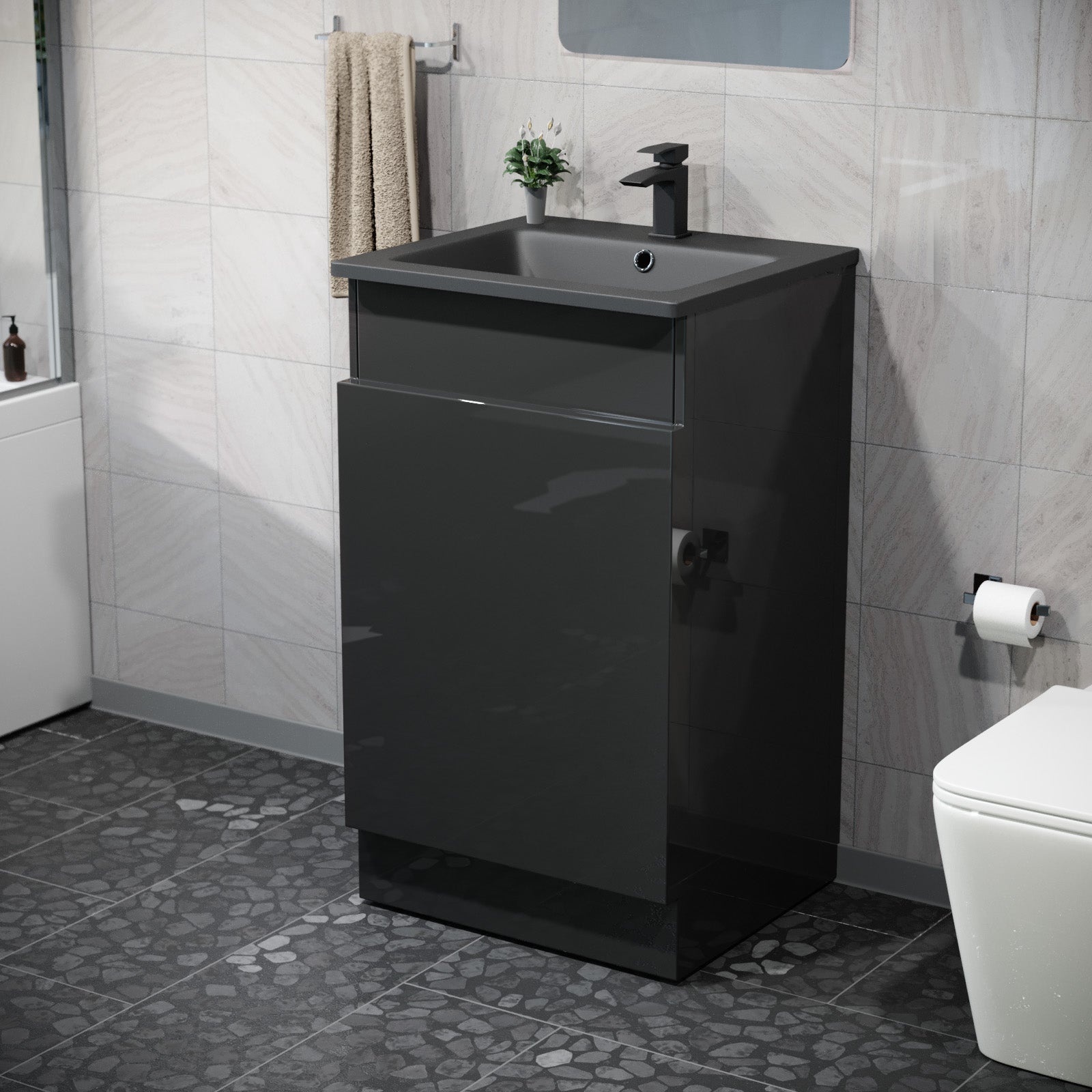Aston 485mm Left Hand Black Vanity Unit with Black Resin Basin