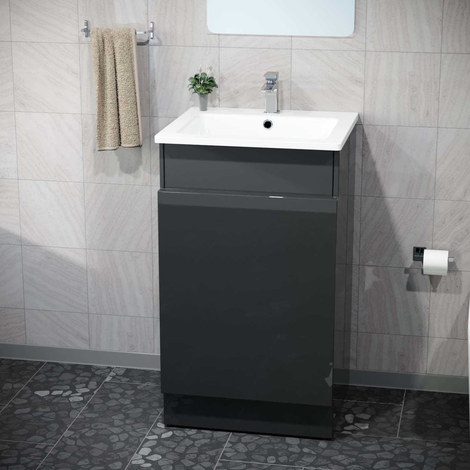 Aston 485mm Left Hand Black Vanity Unit with White Resin Basin