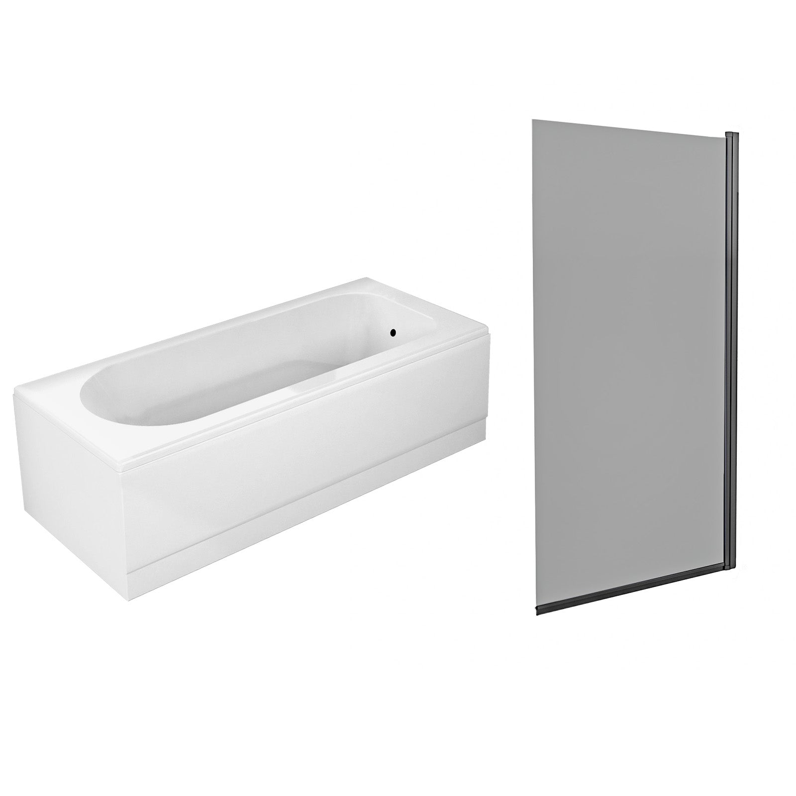1700mm White Round Bath with Square Black Frame Light Grey Bath Screen