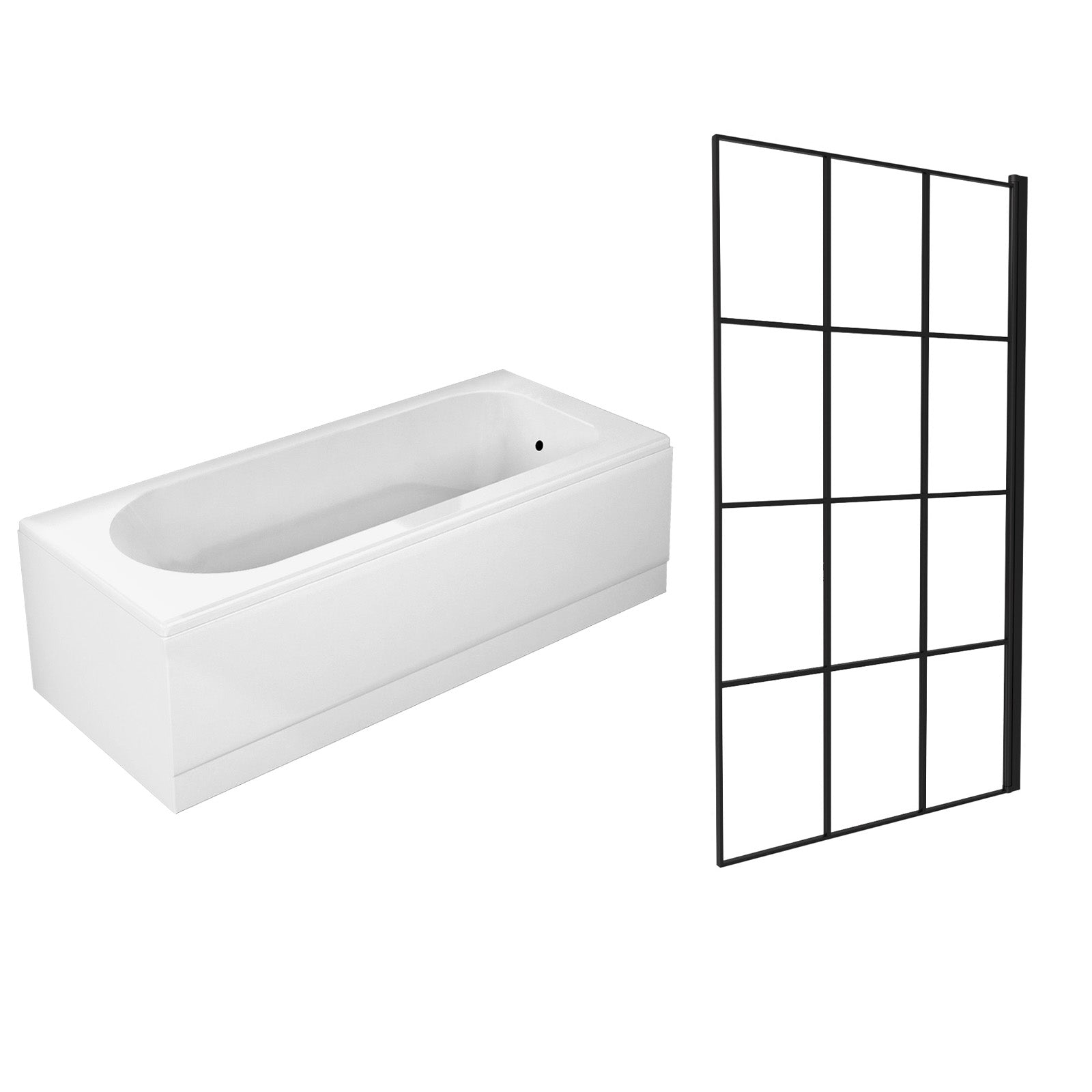 1700 x 700mm Round Bath with Legs and Square Black Grid Bath Screen