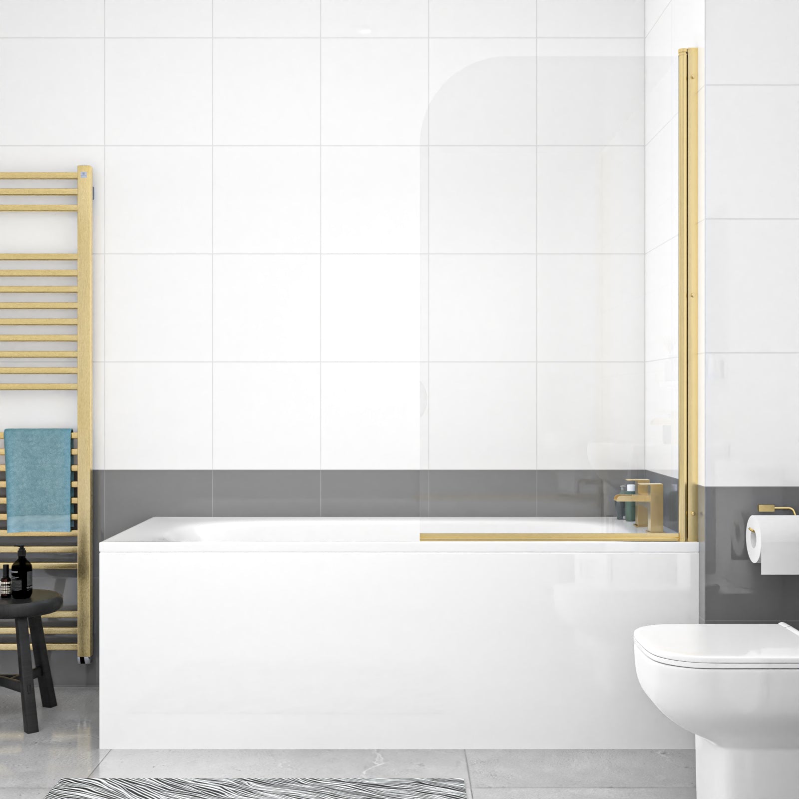 1700mm Round Bath with Legs and Brushed Brass Frame Curved Bath Screen