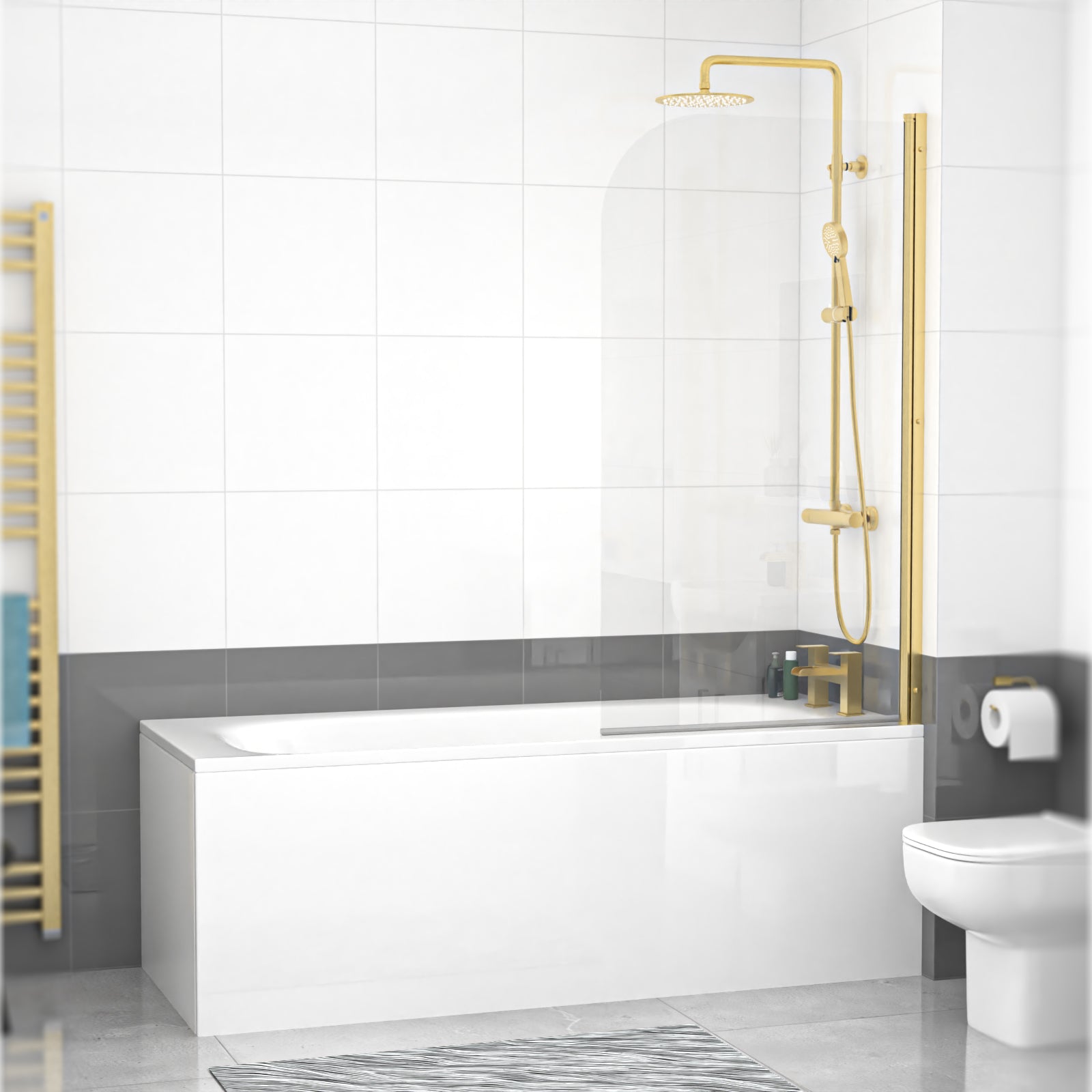 1700 x 700mm Round Bath with Legs and Brushed Brass Frame Curved Bath Screen